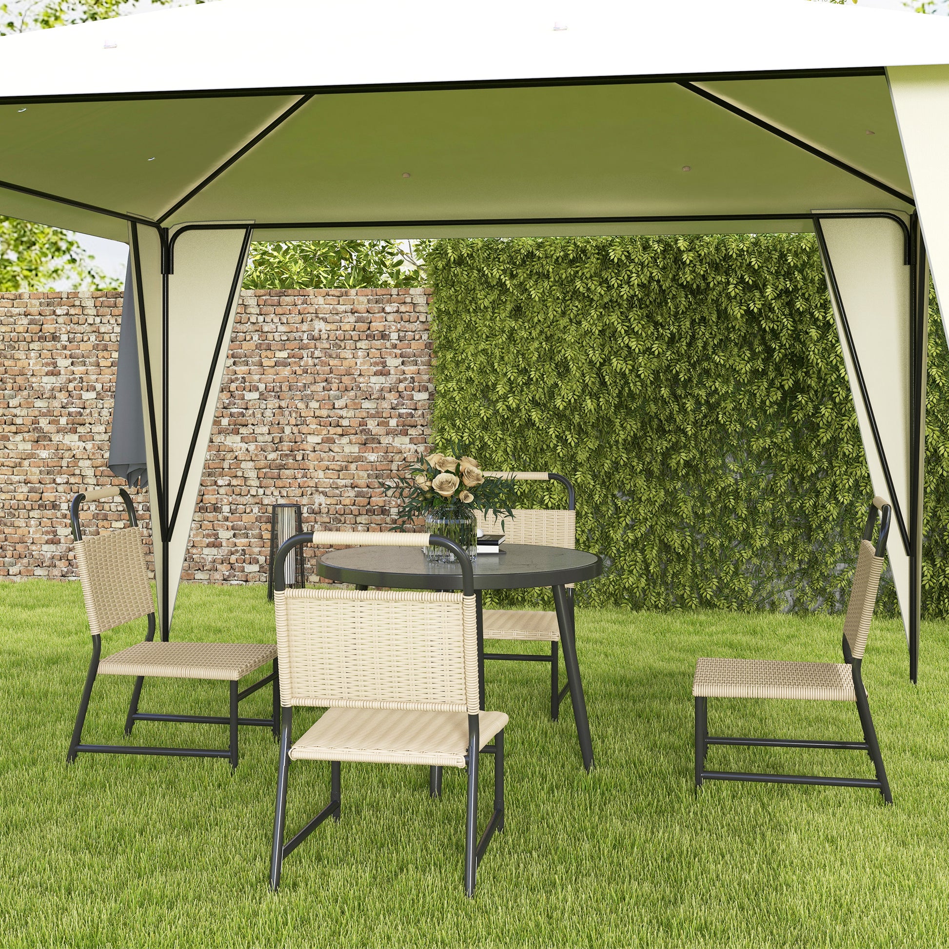 5-Piece Garden Set with Marble Effect Glass Table and 4 PE Rattan Chairs, Garden and Terrace Lounge, Khaki Color