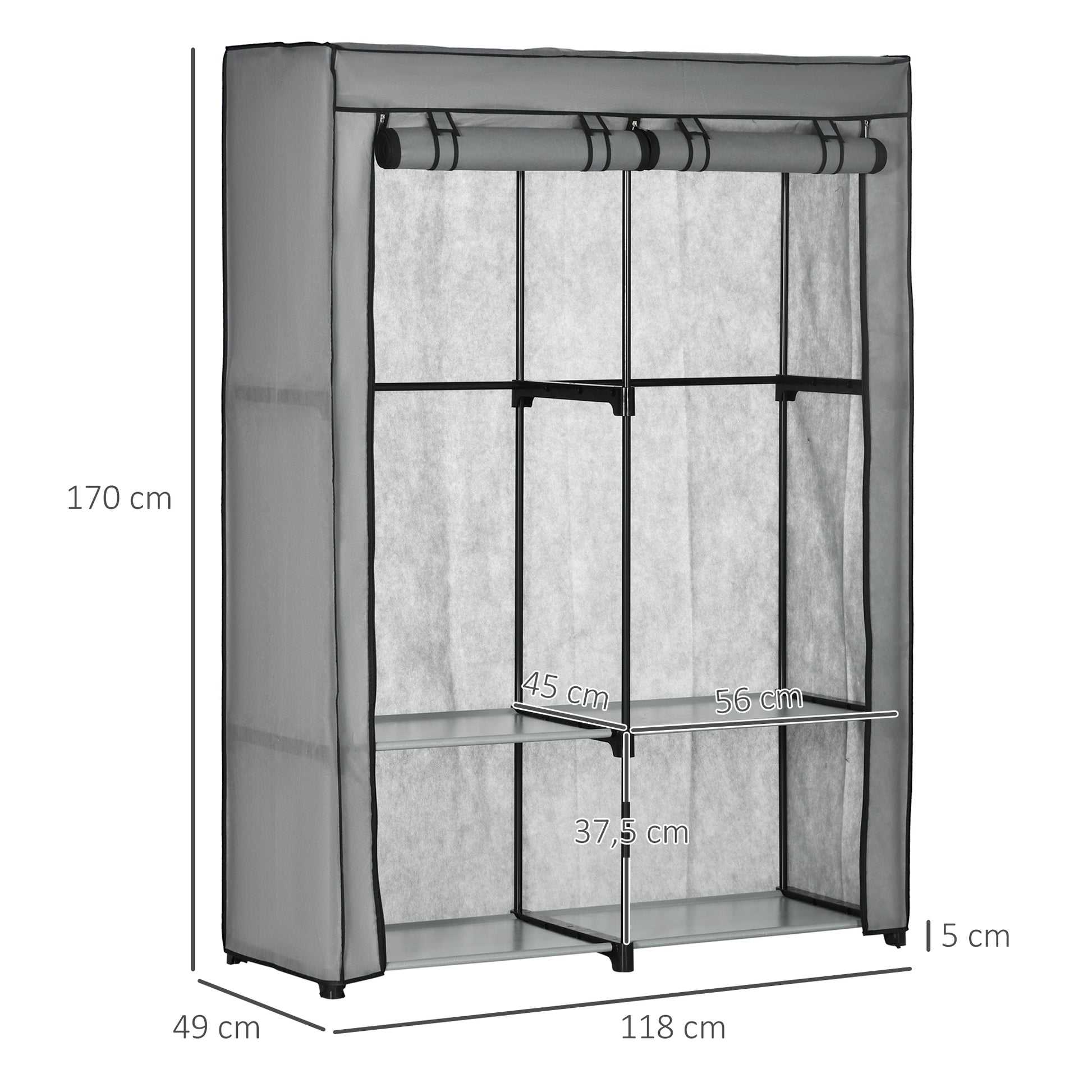 Fabric Wardrobe with 2 Clothes Rails, 4 Shelves, and Zipper, Foldable Wardrobe Fabric Closet for Bedroom, Dressing Room, 118 x 49 x 170 cm, Light Gray