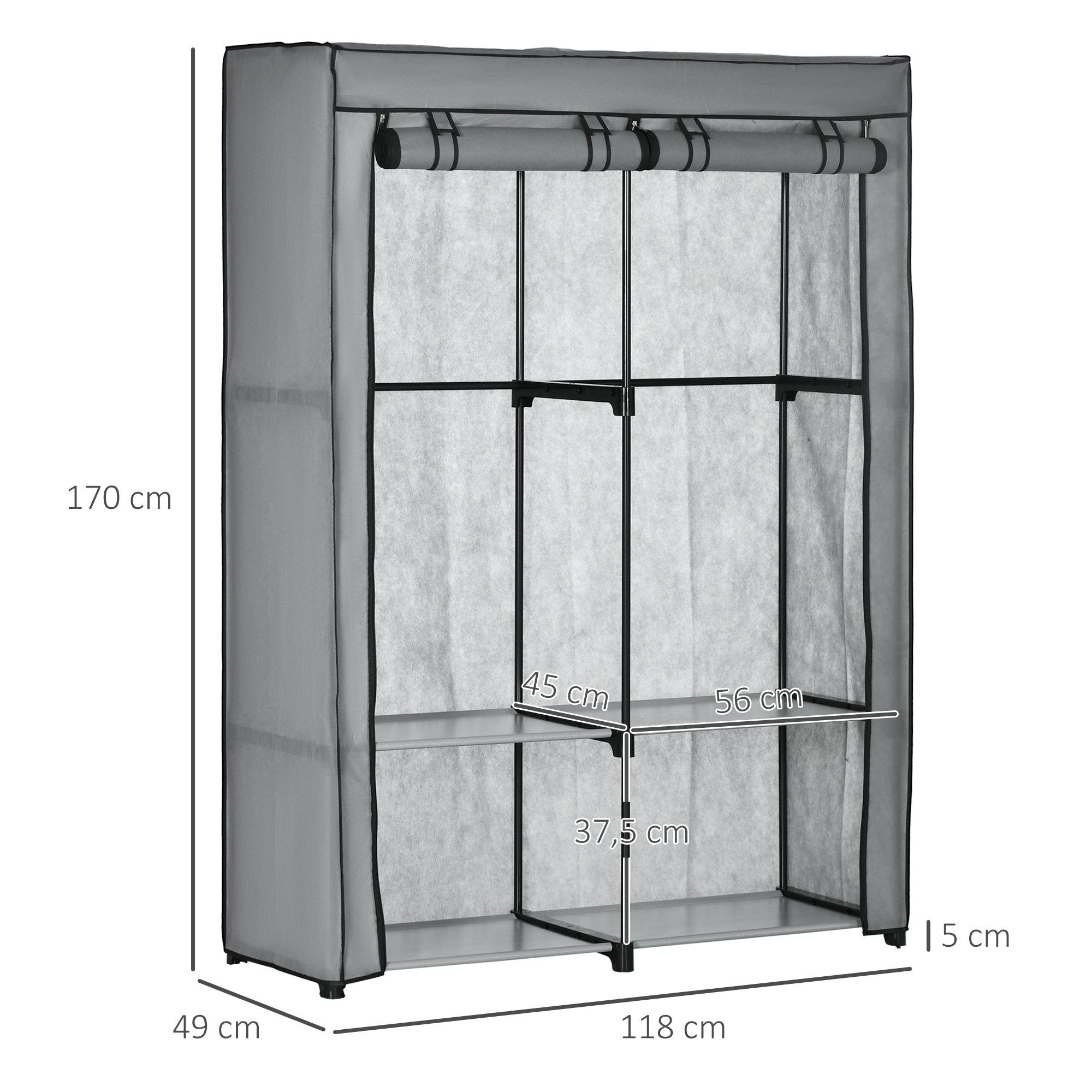 Fabric Wardrobe with 2 Clothes Rails, 4 Shelves, and Zipper, Foldable Wardrobe Fabric Closet for Bedroom, Dressing Room, 118 x 49 x 170 cm, Light Gray