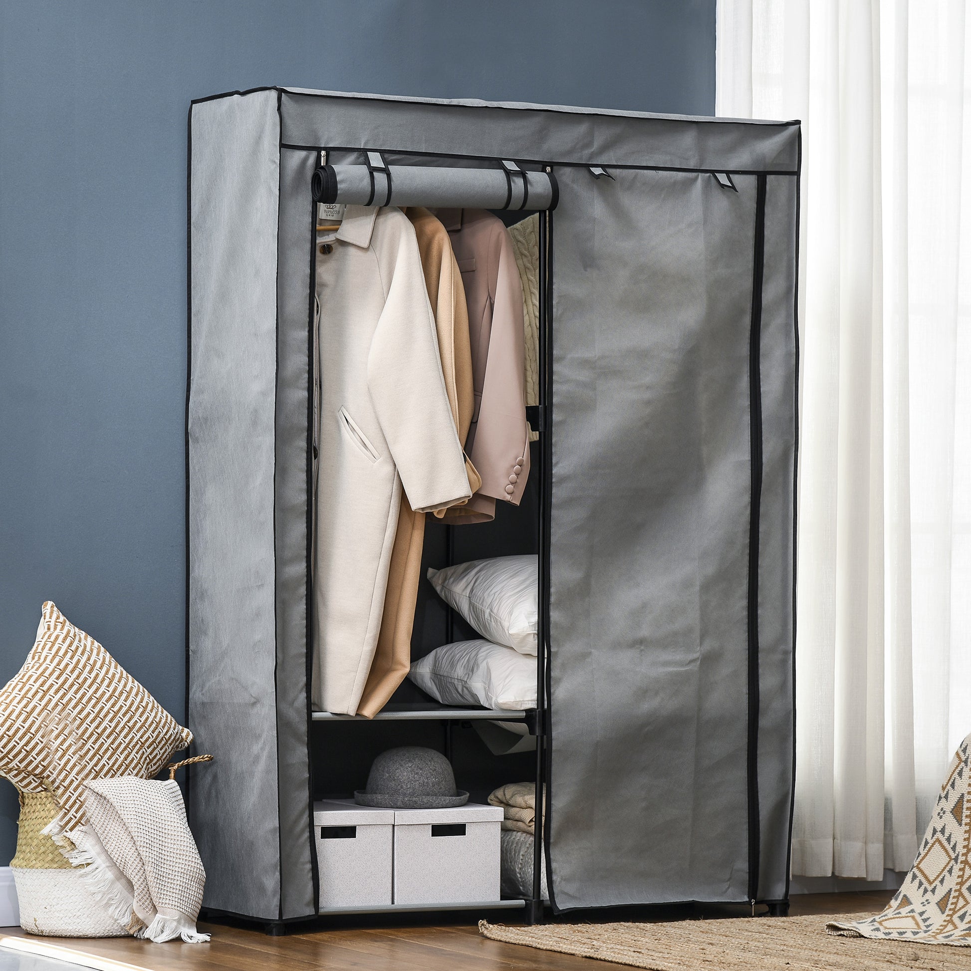 Fabric Wardrobe with 2 Clothes Rails, 4 Shelves, and Zipper, Foldable Wardrobe Fabric Closet for Bedroom, Dressing Room, 118 x 49 x 170 cm, Light Gray