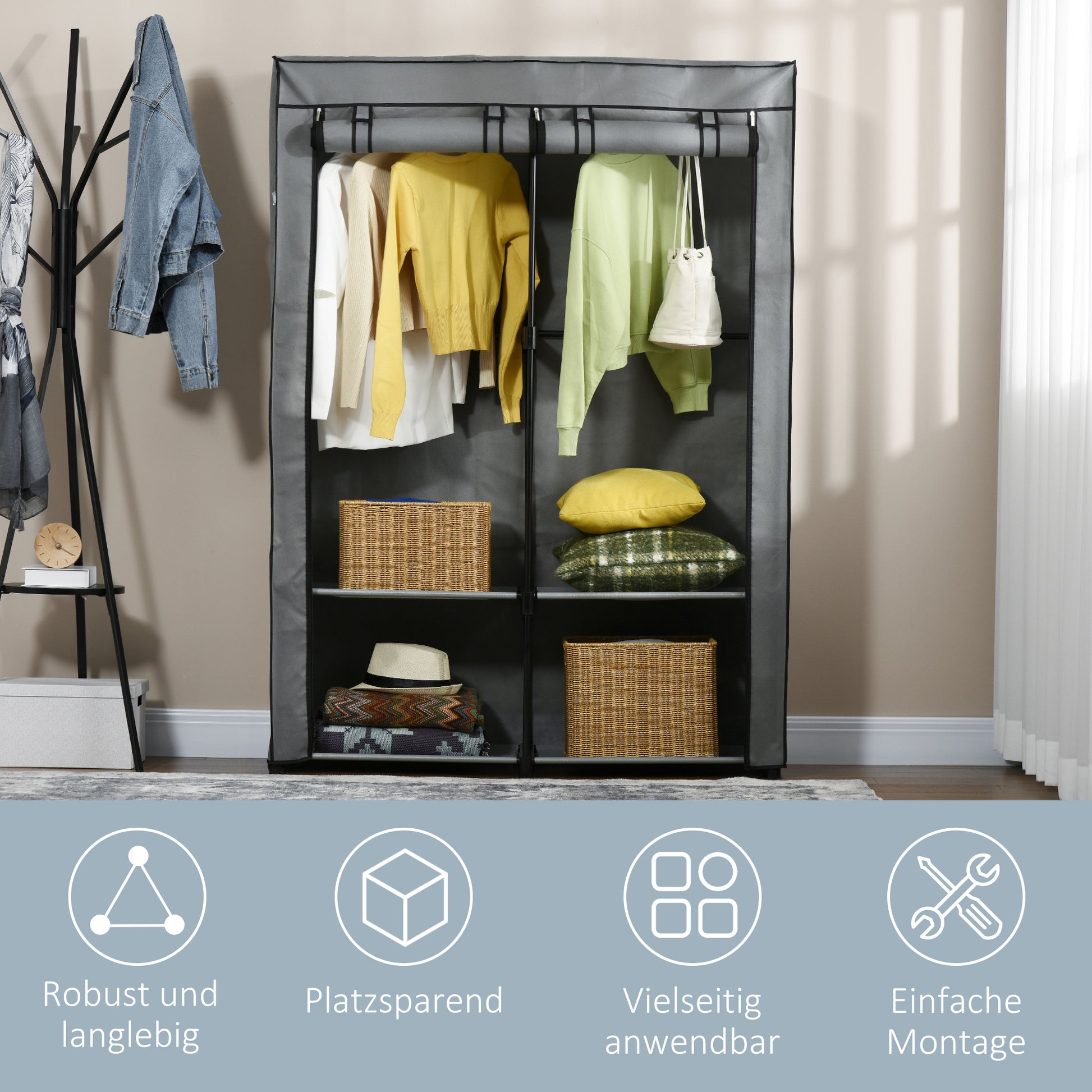 Fabric Wardrobe with 2 Clothes Rails, 4 Shelves, and Zipper, Foldable Wardrobe Fabric Closet for Bedroom, Dressing Room, 118 x 49 x 170 cm, Light Gray