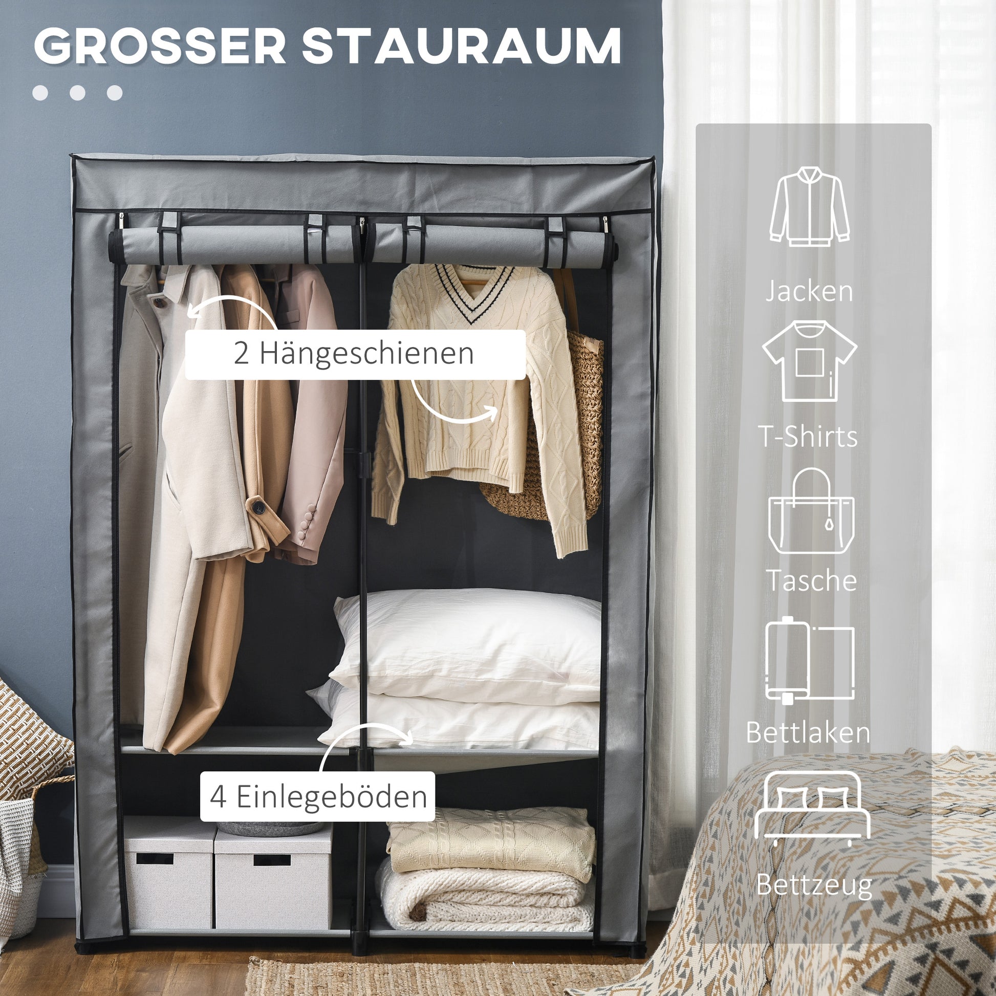 Fabric Wardrobe with 2 Clothes Rails, 4 Shelves, and Zipper, Foldable Wardrobe Fabric Closet for Bedroom, Dressing Room, 118 x 49 x 170 cm, Light Gray