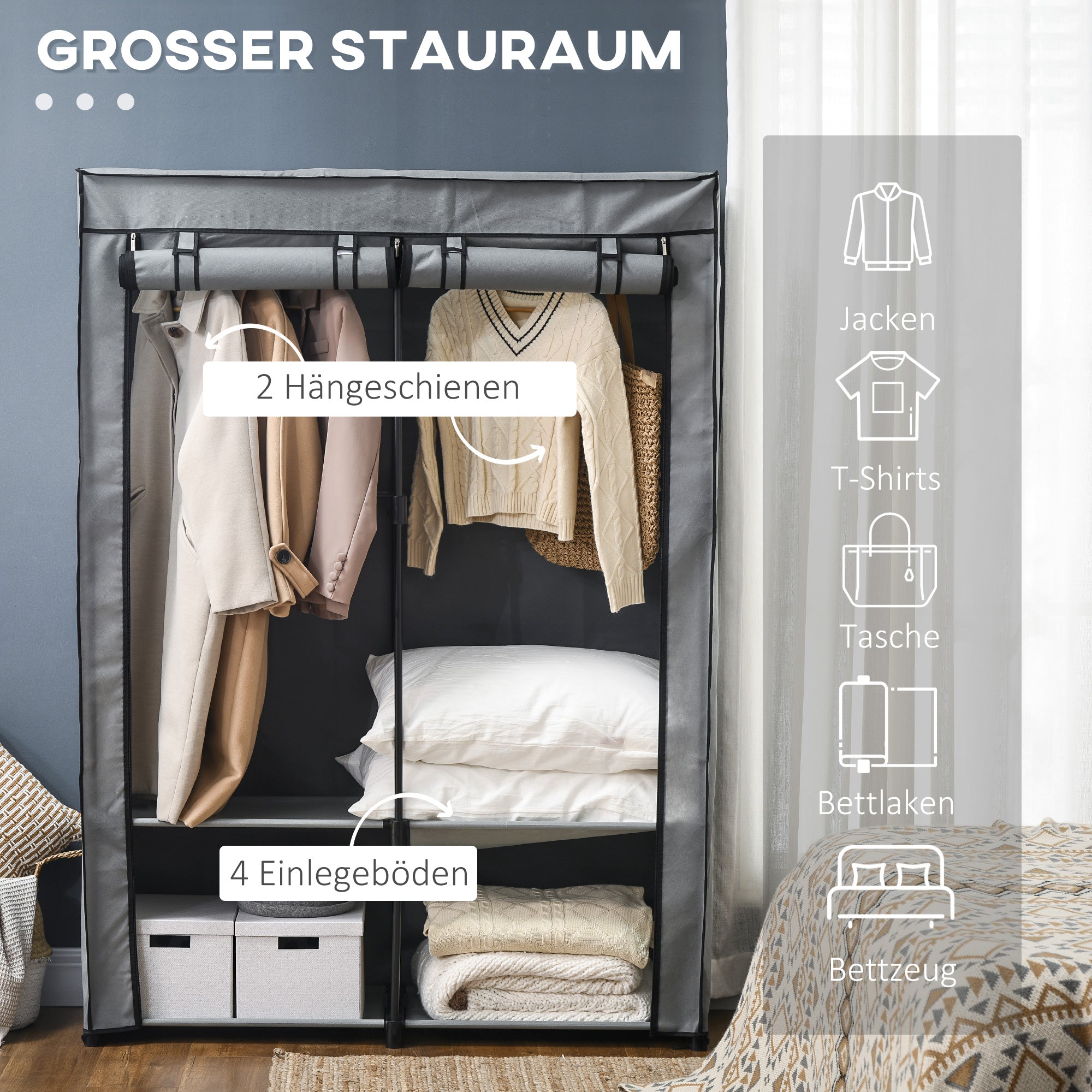 Fabric Wardrobe with 2 Clothes Rails, 4 Shelves, and Zipper, Foldable Wardrobe Fabric Closet for Bedroom, Dressing Room, 118 x 49 x 170 cm, Light Gray
