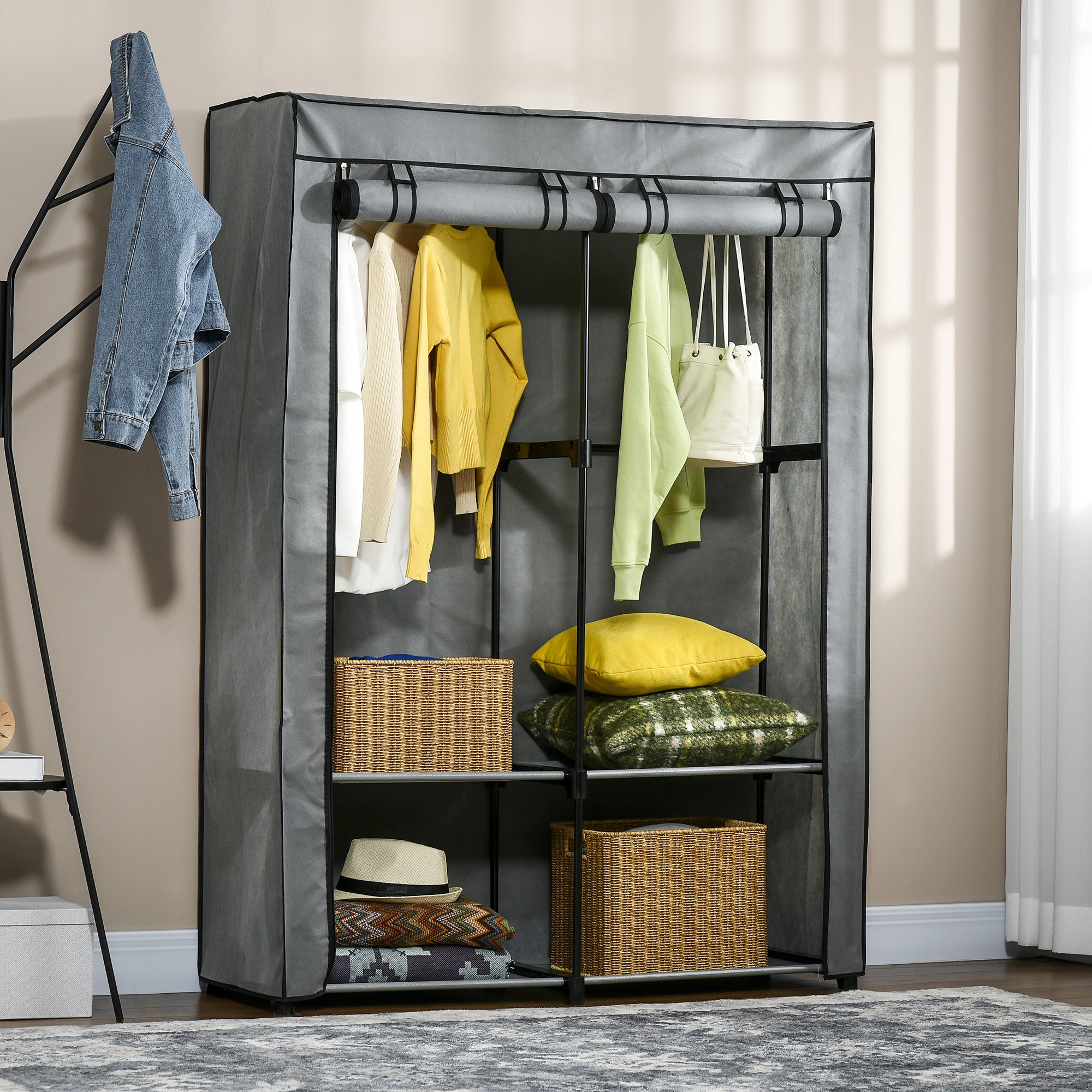 Fabric Wardrobe with 2 Clothes Rails, 4 Shelves, and Zipper, Foldable Wardrobe Fabric Closet for Bedroom, Dressing Room, 118 x 49 x 170 cm, Light Gray