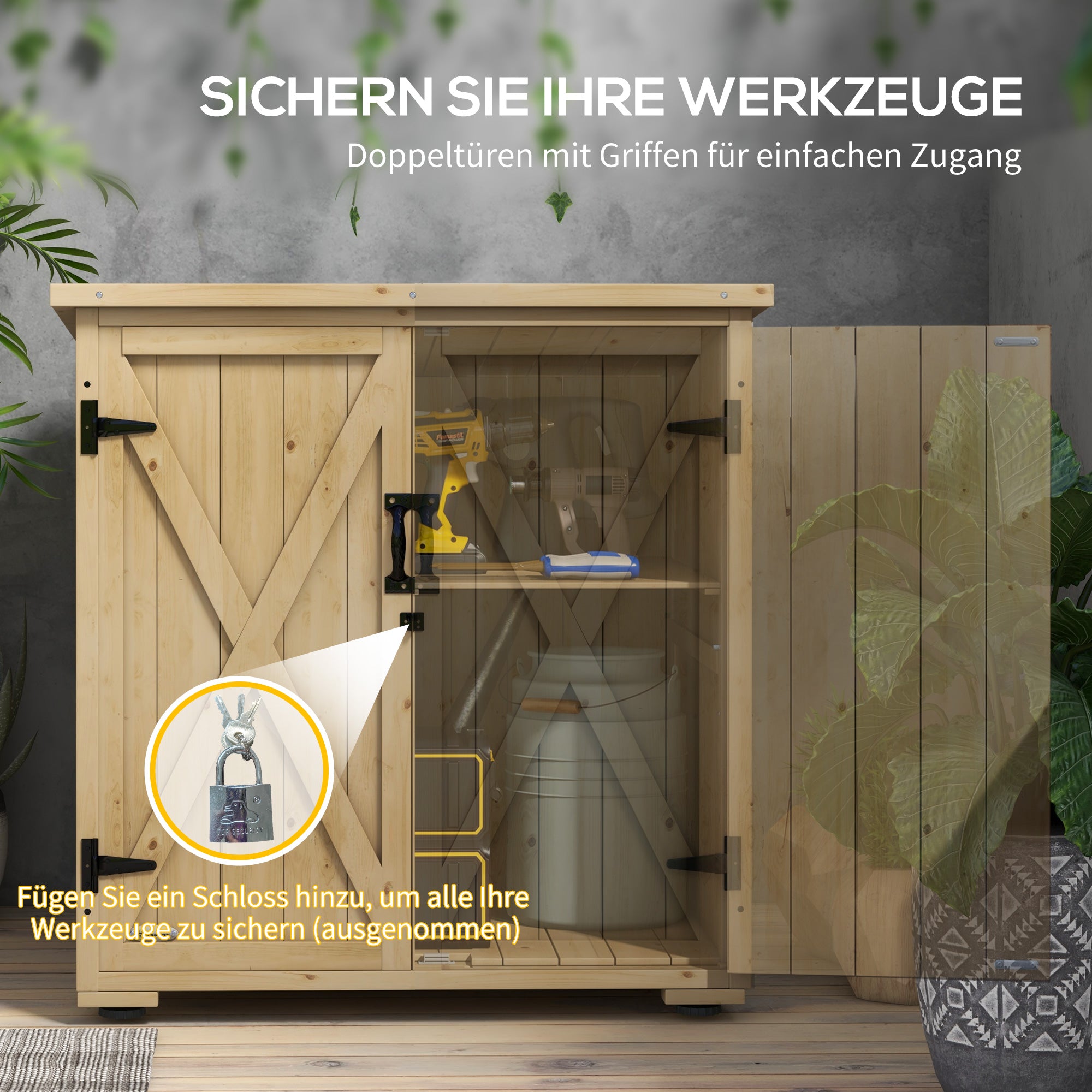 Garden Cabinet Wood, Tool Cabinet, Outdoor Weatherproof Tool Shed, Wooden Cabinet with Double Doors, Multipurpose Cabinet for Garden, Balcony, Natural