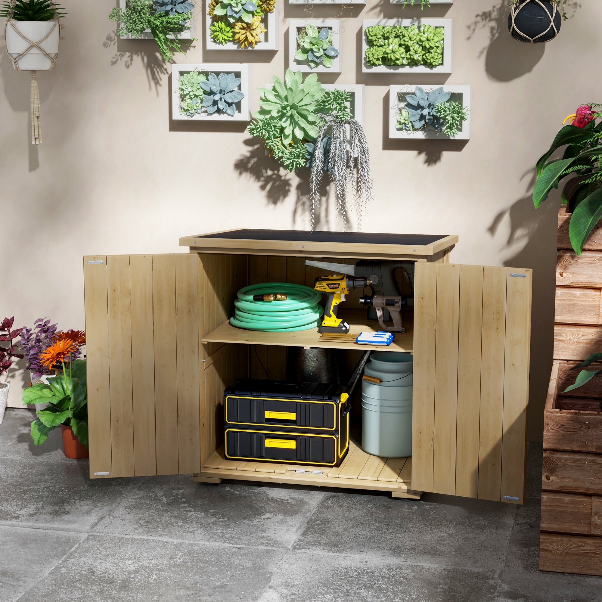 Garden Cabinet Wood, Tool Cabinet, Outdoor Weatherproof Tool Shed, Wooden Cabinet with Double Doors, Multipurpose Cabinet for Garden, Balcony, Natural
