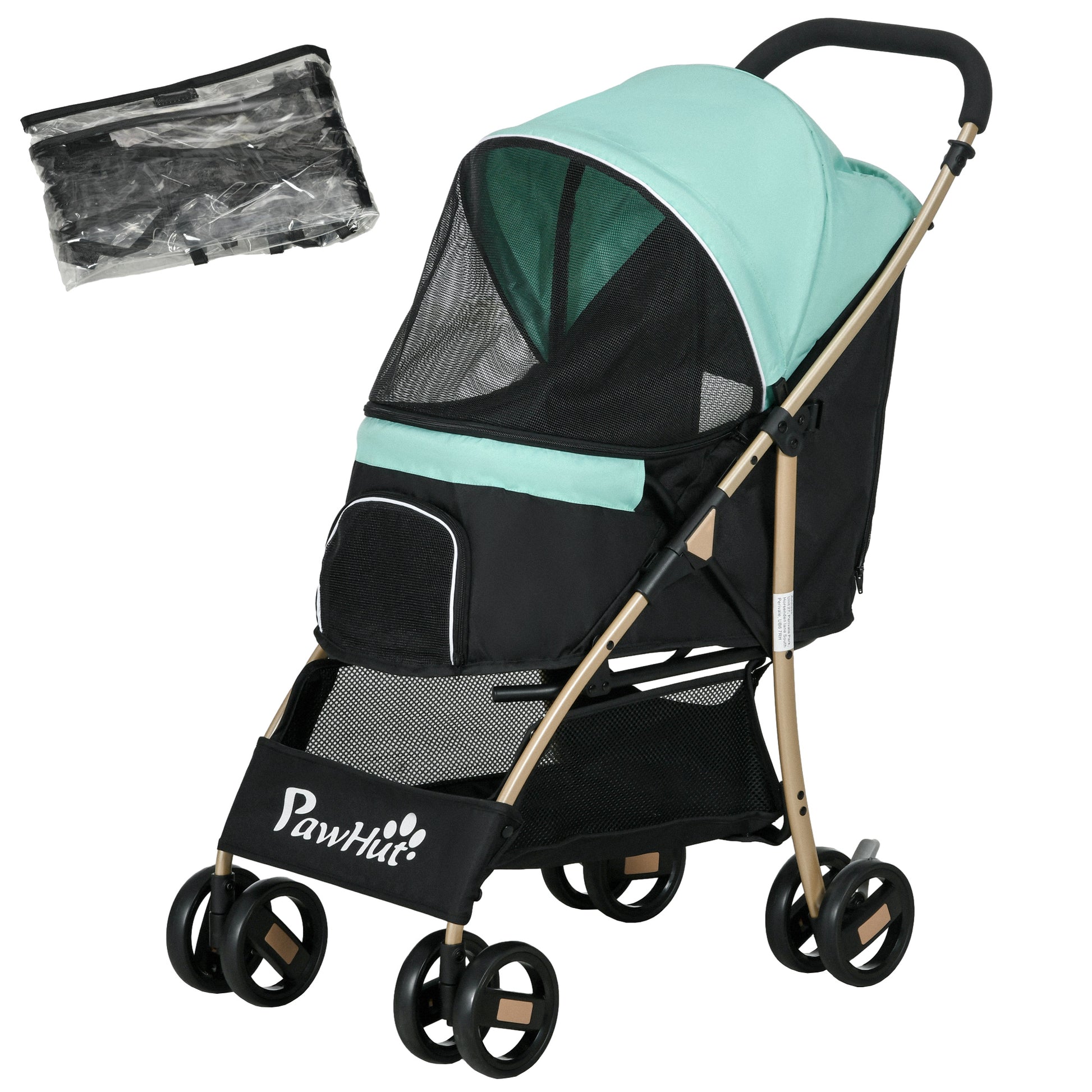 Small and Mini Dog Stroller, Foldable Pet Stroller with Rain Cover, Basket, and Integrated Leash, Green