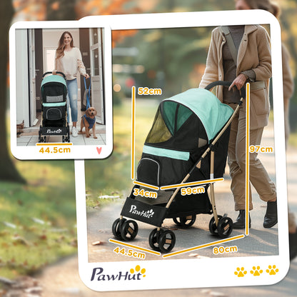 Small and Mini Dog Stroller, Foldable Pet Stroller with Rain Cover, Basket, and Integrated Leash, Green