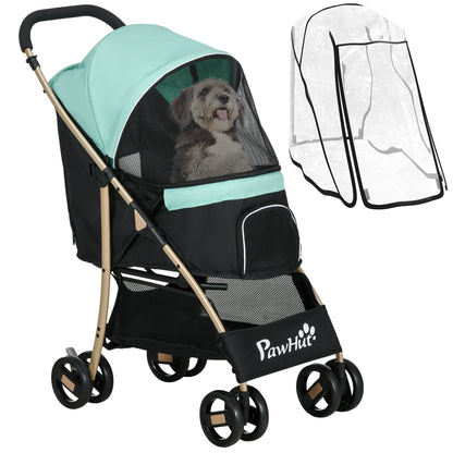 Small and Mini Dog Stroller, Foldable Pet Stroller with Rain Cover, Basket, and Integrated Leash, Green