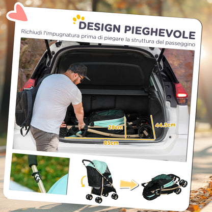 Small and Mini Dog Stroller, Foldable Pet Stroller with Rain Cover, Basket, and Integrated Leash, Green