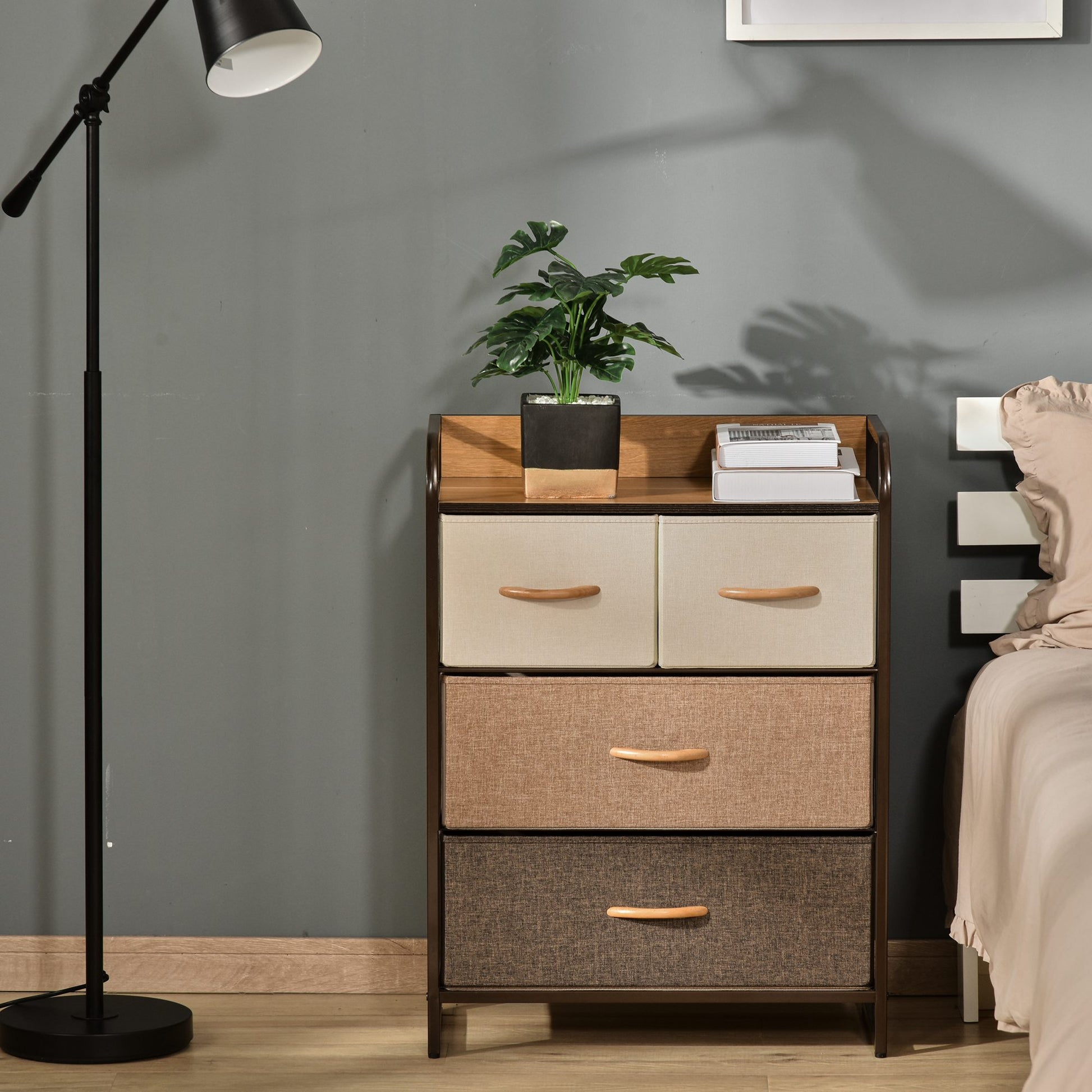 Fabric Dresser with 4 Foldable Drawers Wooden Top and Metal Frame for Living Room 58x29x78.5 cm Multicolor