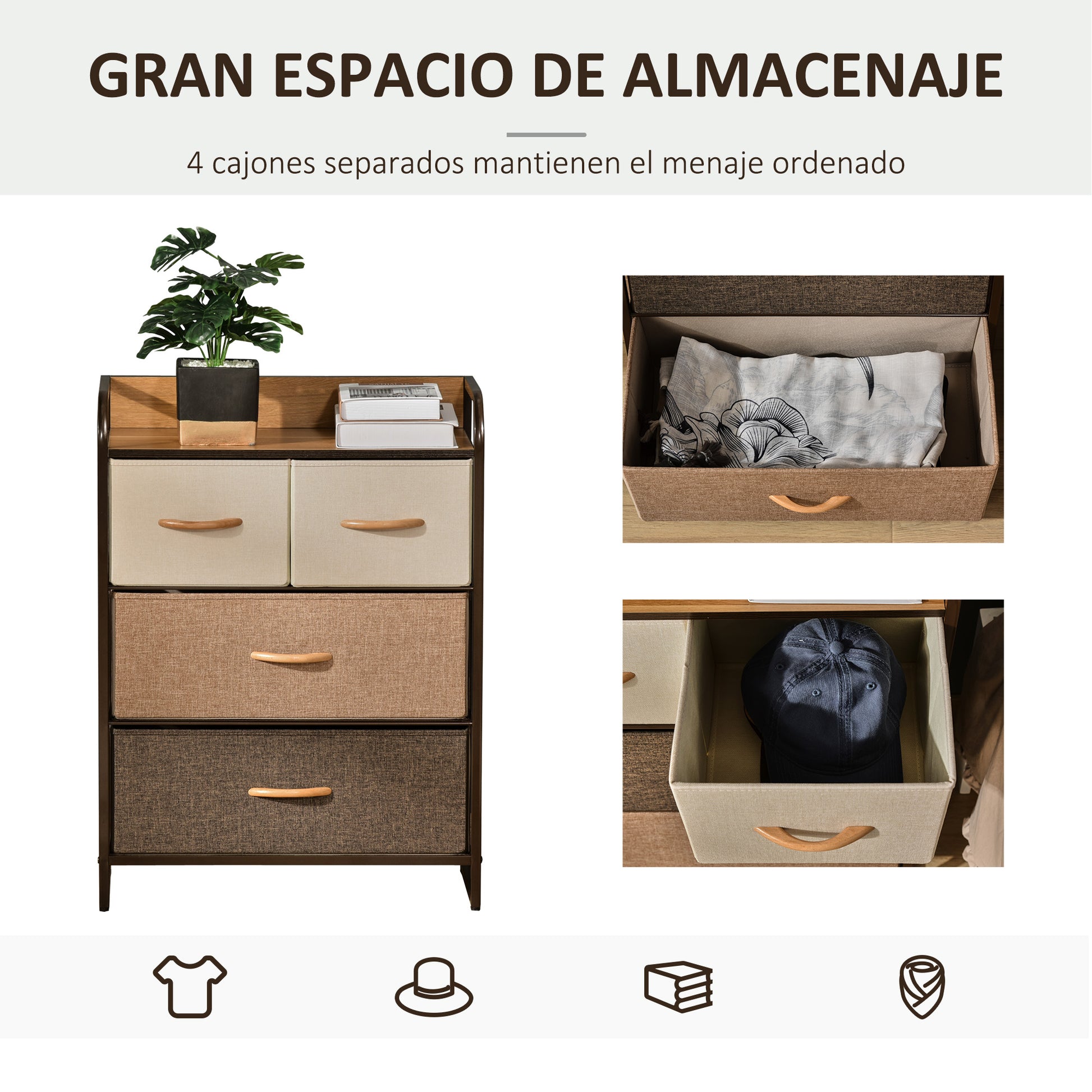 Fabric Dresser with 4 Foldable Drawers Wooden Top and Metal Frame for Living Room 58x29x78.5 cm Multicolor