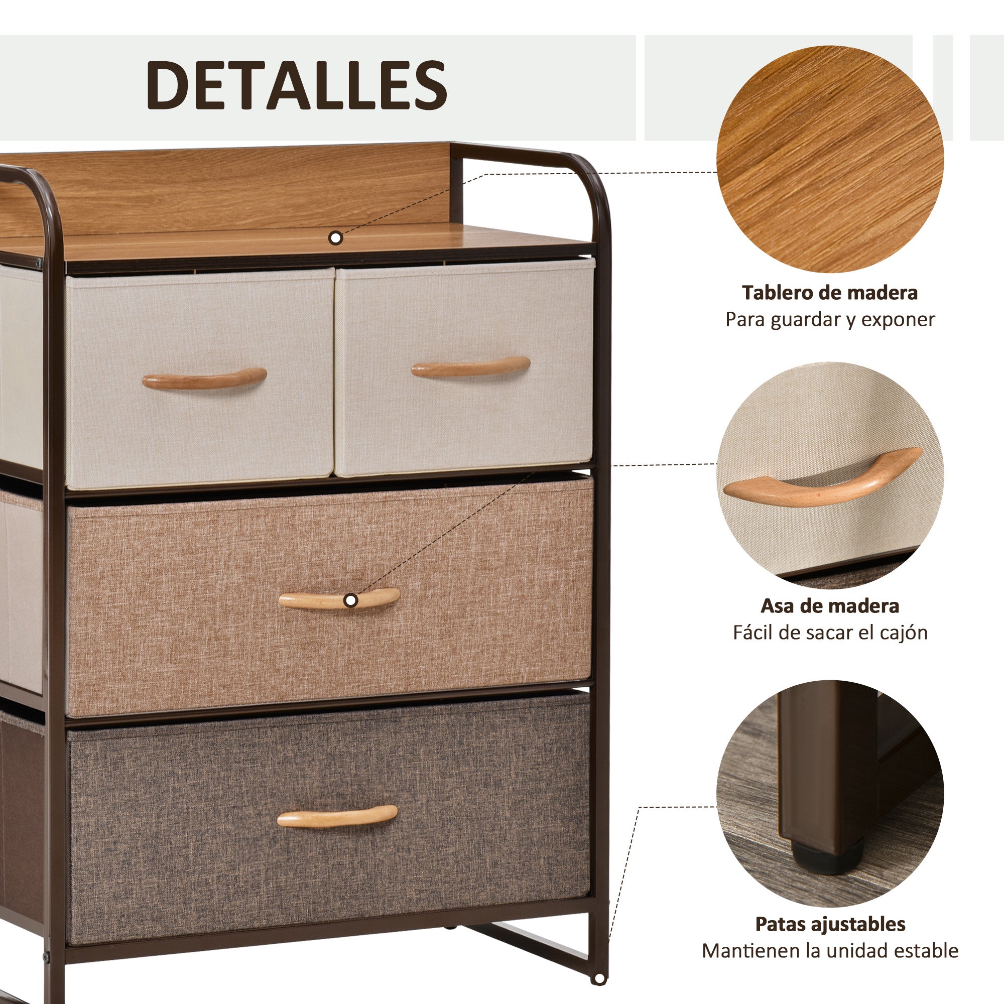Fabric Dresser with 4 Foldable Drawers Wooden Top and Metal Frame for Living Room 58x29x78.5 cm Multicolor