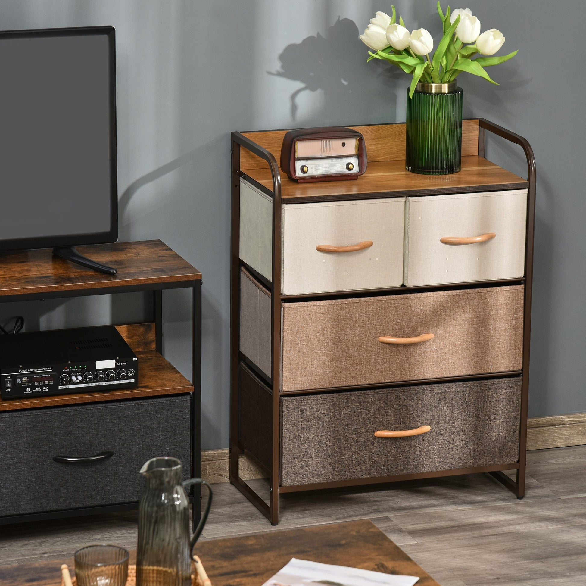 Fabric Dresser with 4 Foldable Drawers Wooden Top and Metal Frame for Living Room 58x29x78.5 cm Multicolor