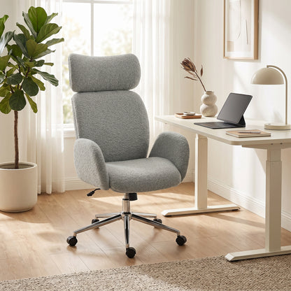 Bouclé Office Chair with Armrests — Adjustable Headrest, Height-Adjustable Swivel with Tilt, Dark Gray