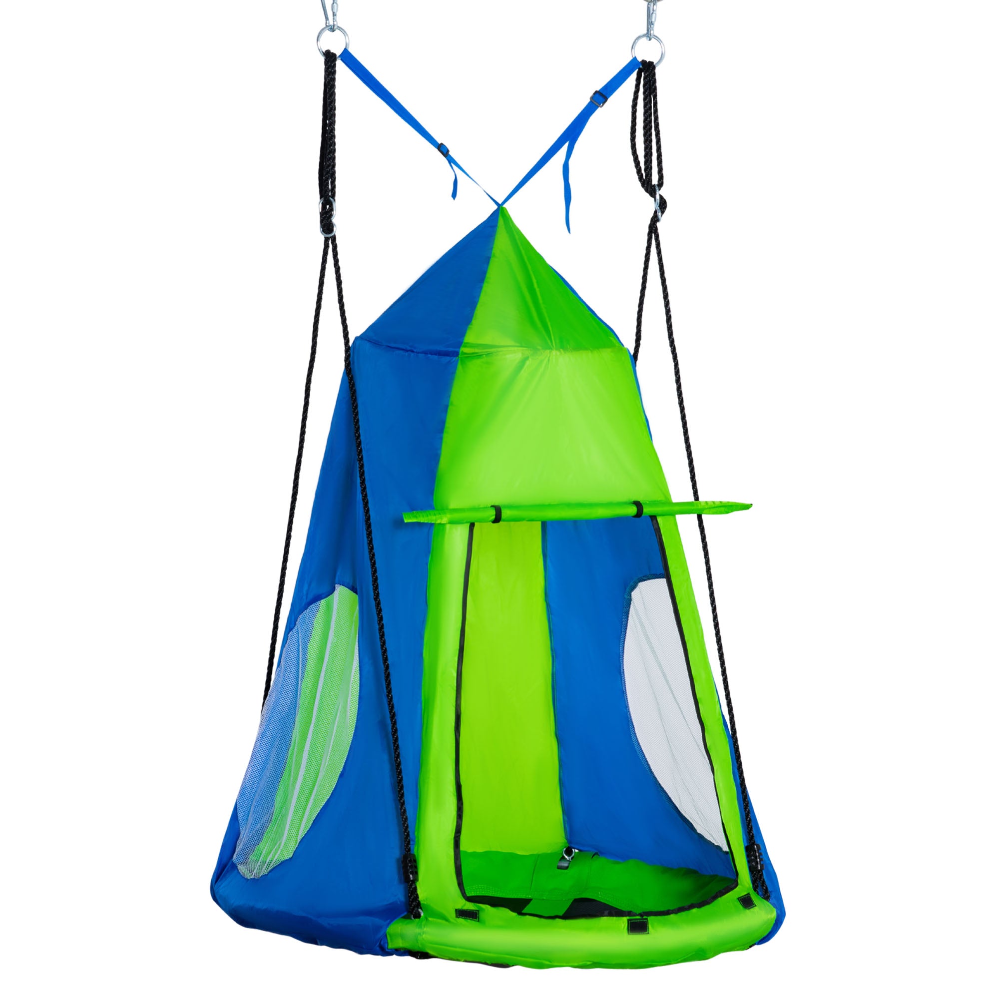 Round Bird's Nest Swing with Removable Tent Ø 100 cm 4 Rings Included Epoxy Metal High-Density Oxford - Green and Blue