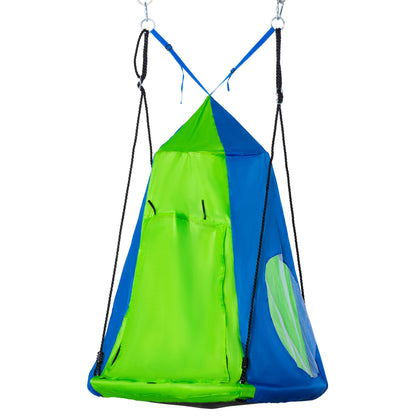 Round Bird's Nest Swing with Removable Tent Ø 100 cm 4 Rings Included Epoxy Metal High-Density Oxford - Green and Blue