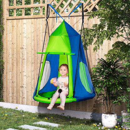 Round Bird's Nest Swing with Removable Tent Ø 100 cm 4 Rings Included Epoxy Metal High-Density Oxford - Green and Blue