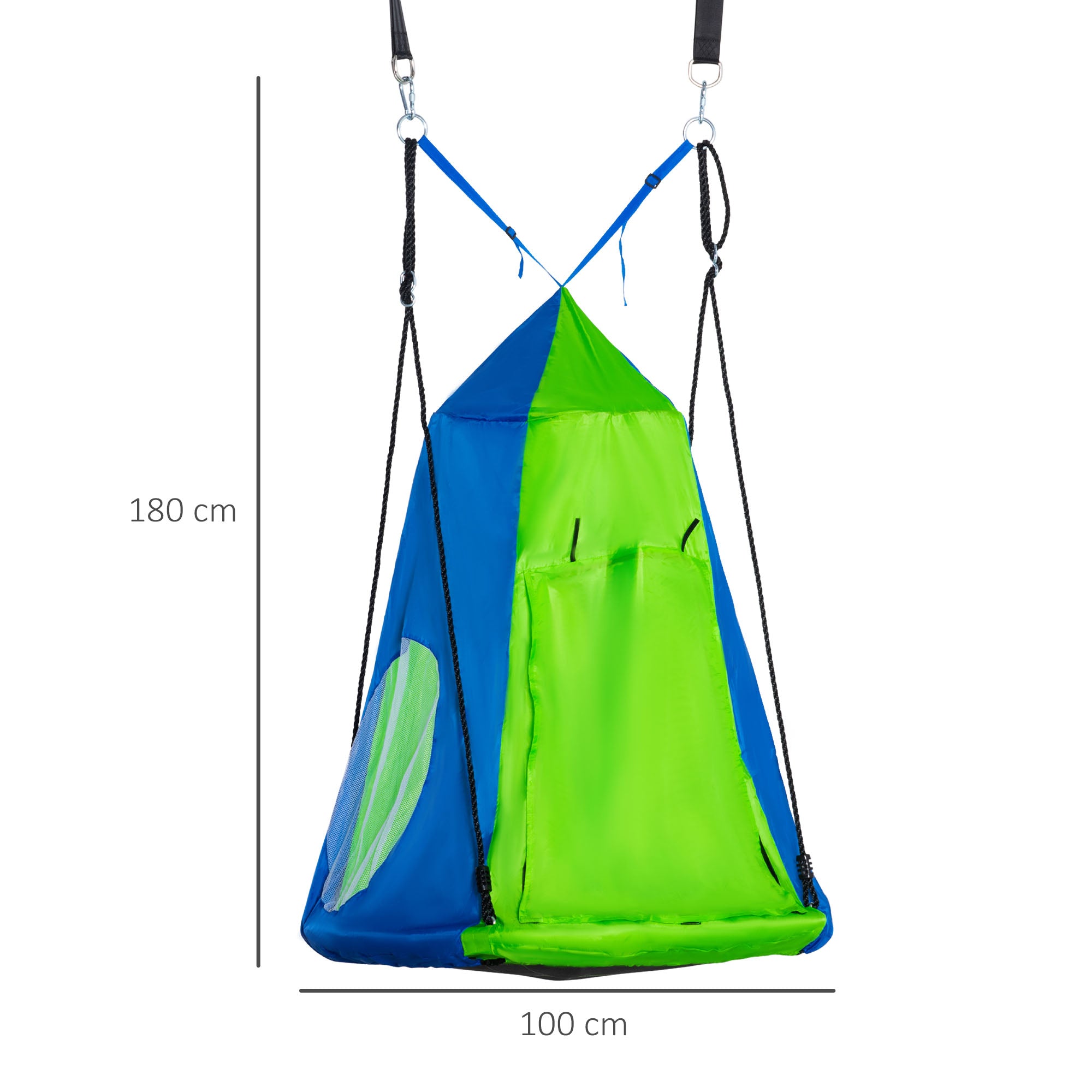 Round Bird's Nest Swing with Removable Tent Ø 100 cm 4 Rings Included Epoxy Metal High-Density Oxford - Green and Blue