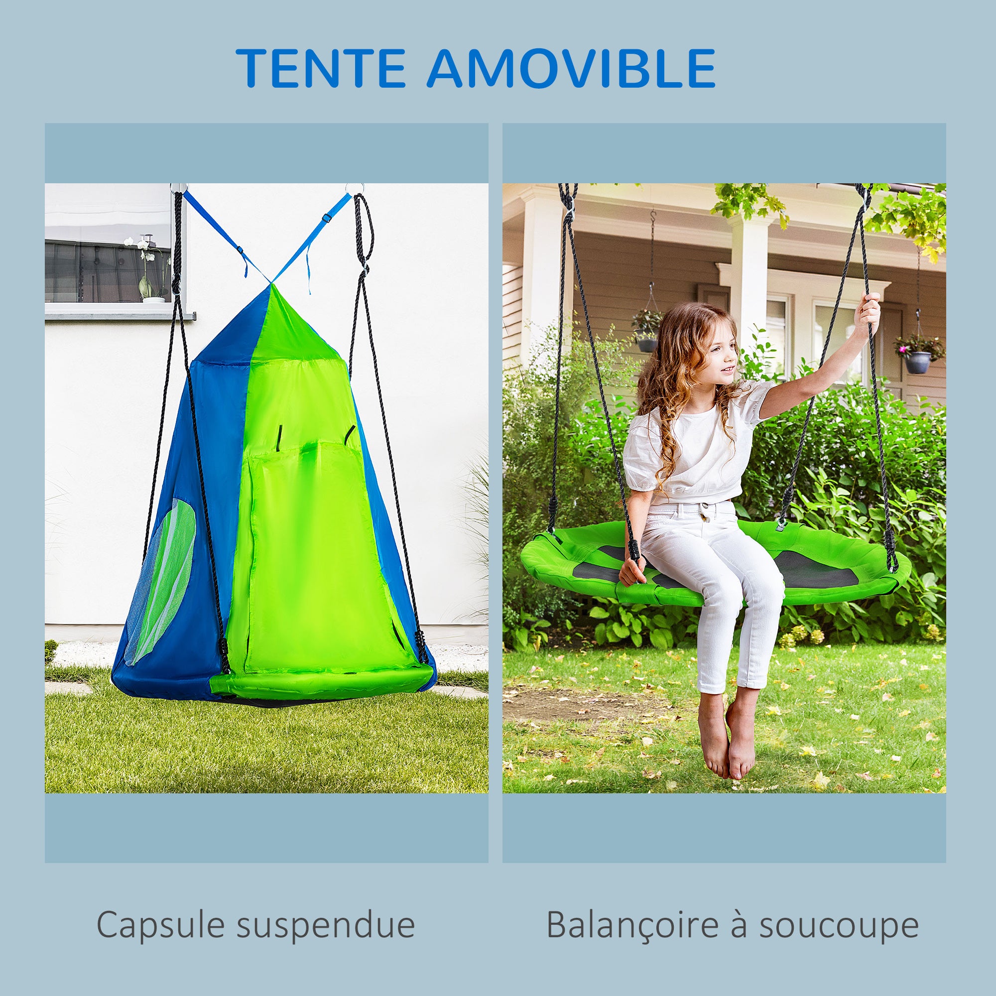 Round Bird's Nest Swing with Removable Tent Ø 100 cm 4 Rings Included Epoxy Metal High-Density Oxford - Green and Blue