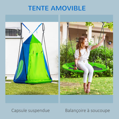 Round Bird's Nest Swing with Removable Tent Ø 100 cm 4 Rings Included Epoxy Metal High-Density Oxford - Green and Blue