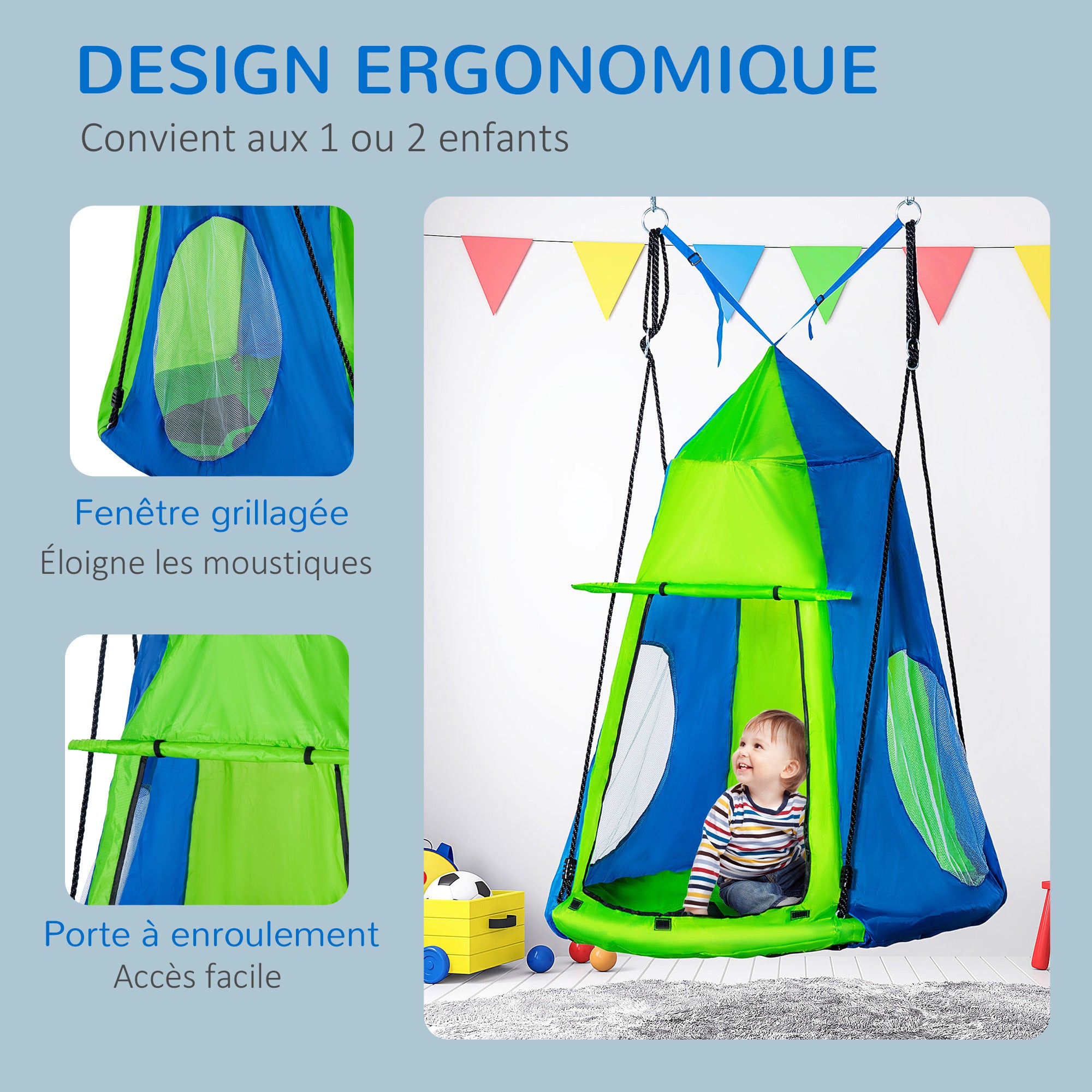 Round Bird's Nest Swing with Removable Tent Ø 100 cm 4 Rings Included Epoxy Metal High-Density Oxford - Green and Blue