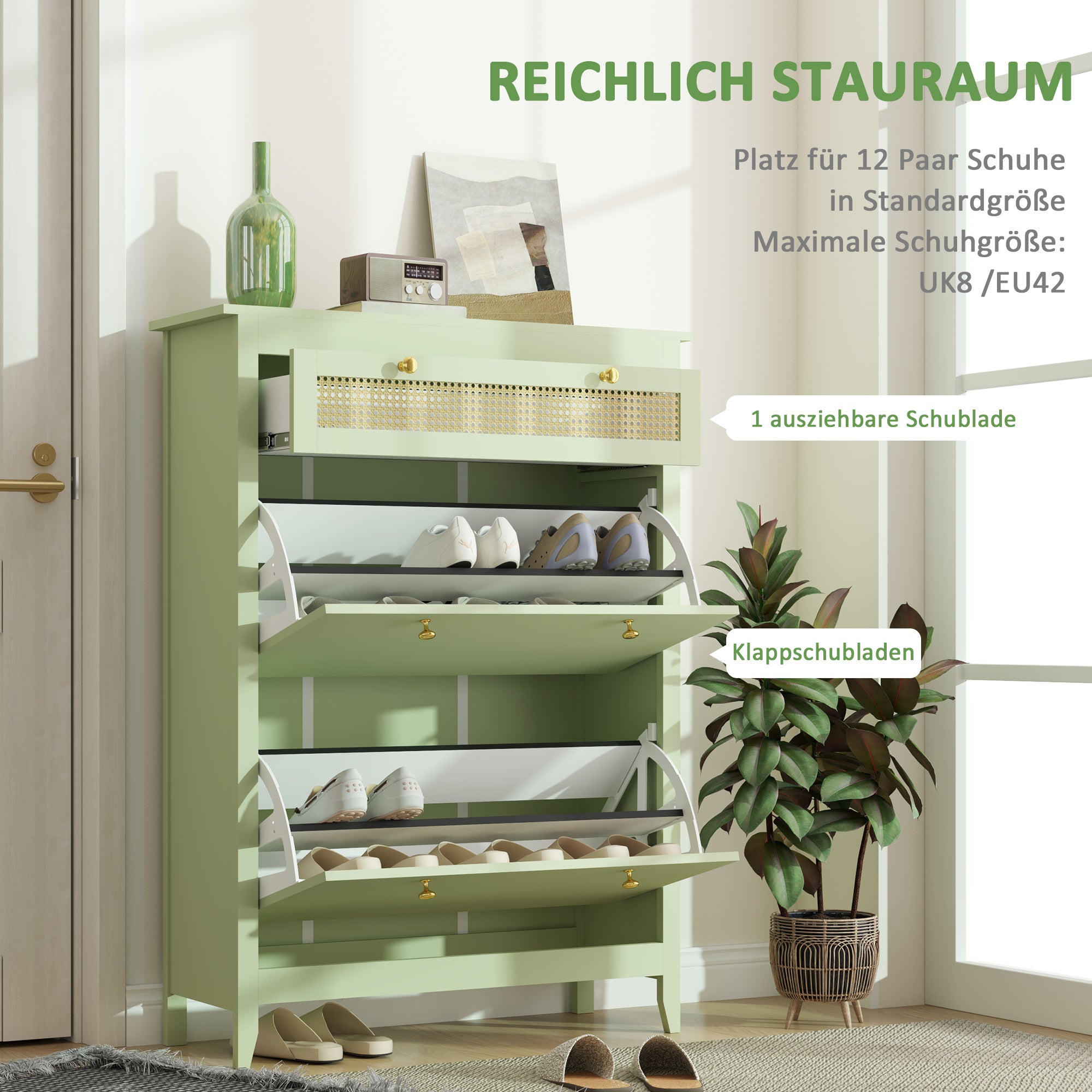 Shoe Cabinet with 2 Flaps, Drawer Shoe Tilt Out Shoe Rack with Adjustable Shelf, Shoe Chest Shoe Rack for 12 Pairs of Shoes 88 x 30 x 120 cm, Green