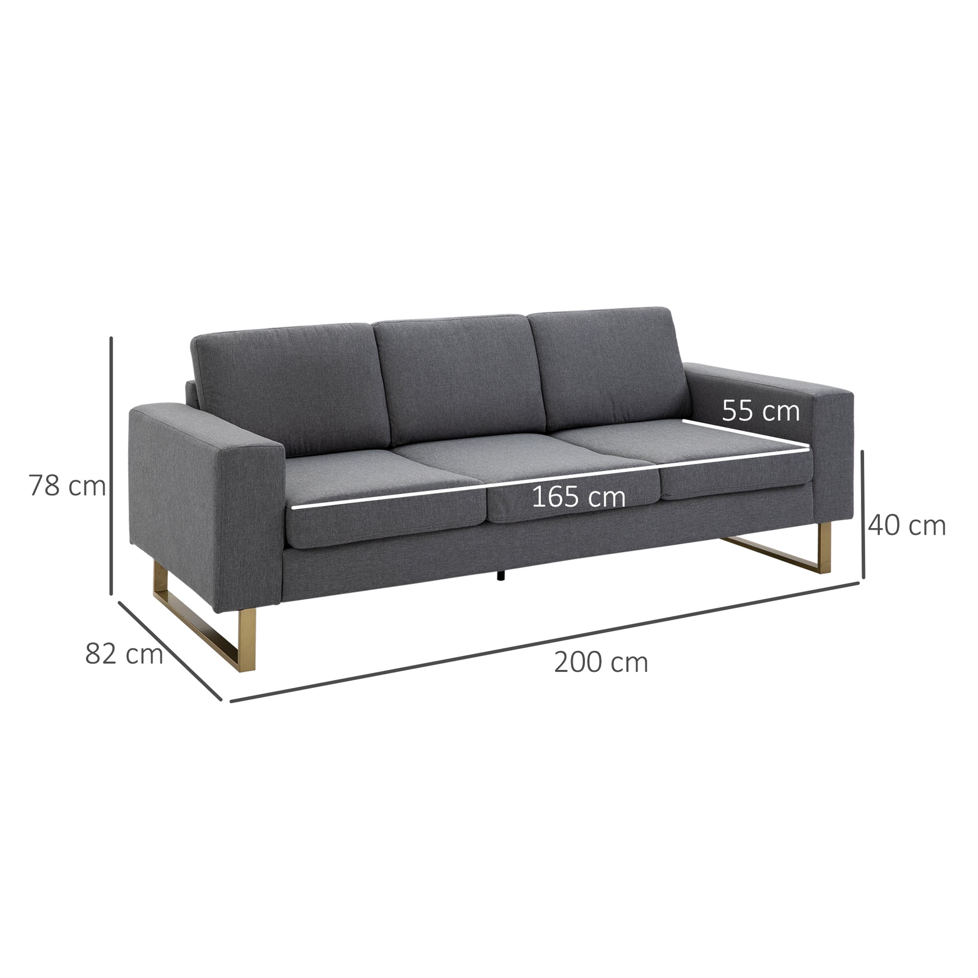 3 Seater Sofa Three-seater Fabric Sofa with Cushions Armrest Linen Look for Bedroom 200 x 82 x 78 cm Dark Gray