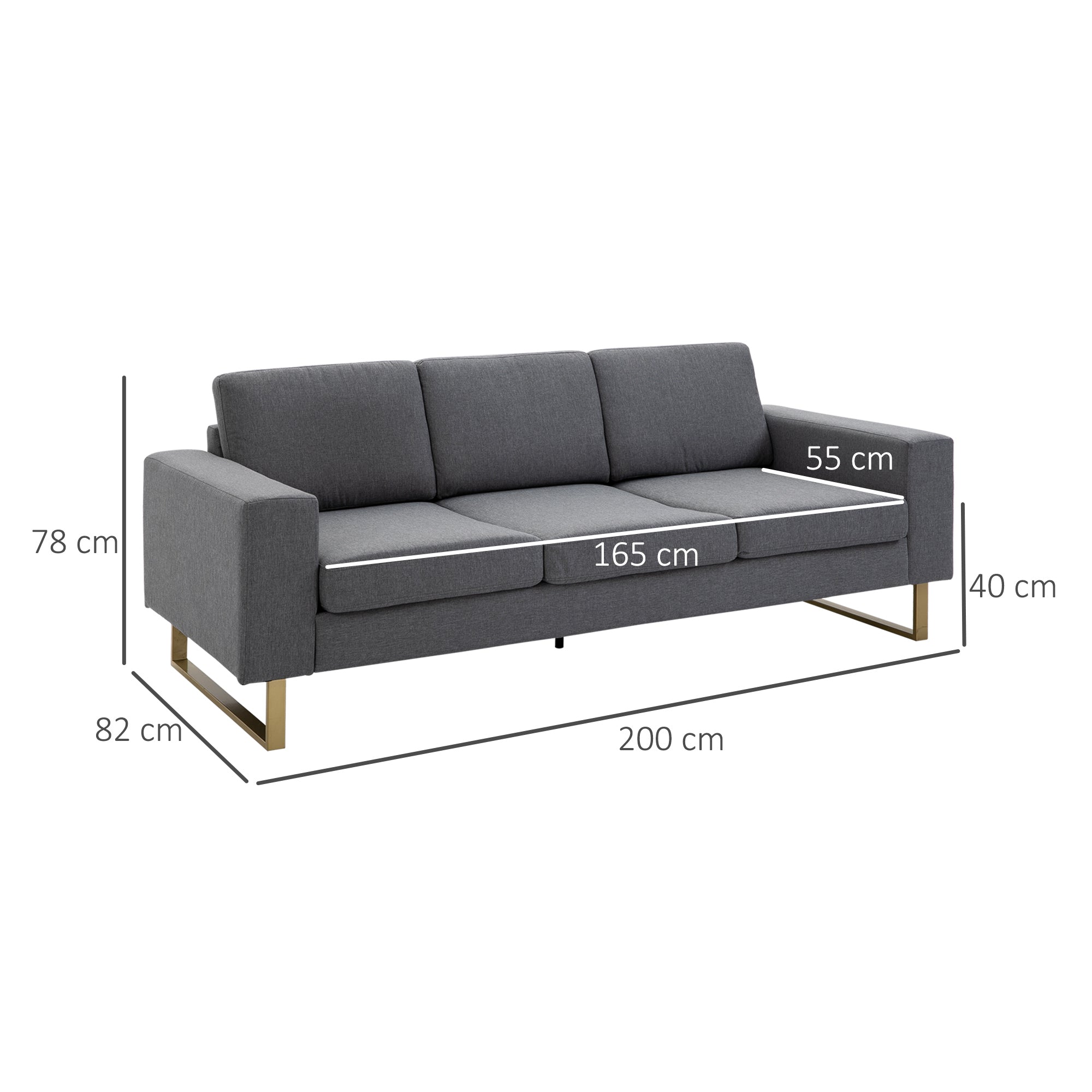 3 Seater Sofa Three-seater Fabric Sofa with Cushions Armrest Linen Look for Bedroom 200 x 82 x 78 cm Dark Gray