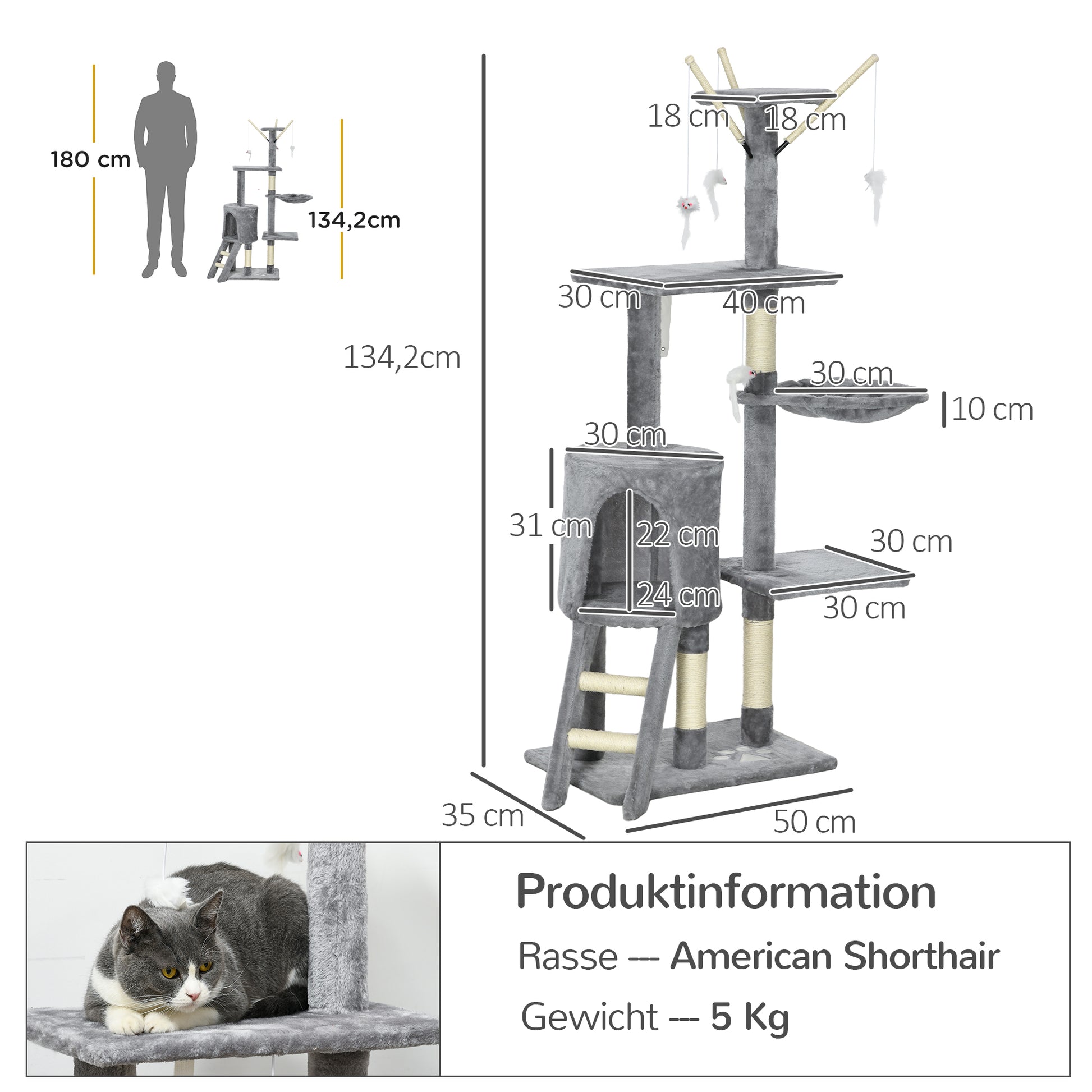 Scratching Tree 134.2 cm Cat Tower with Cave, 2 Toys Sisal Posts, Large Platform, Stairs, Multi-Level Cat Scratching Tree, Climbing Tree, for medium-sized cats, Gray+White