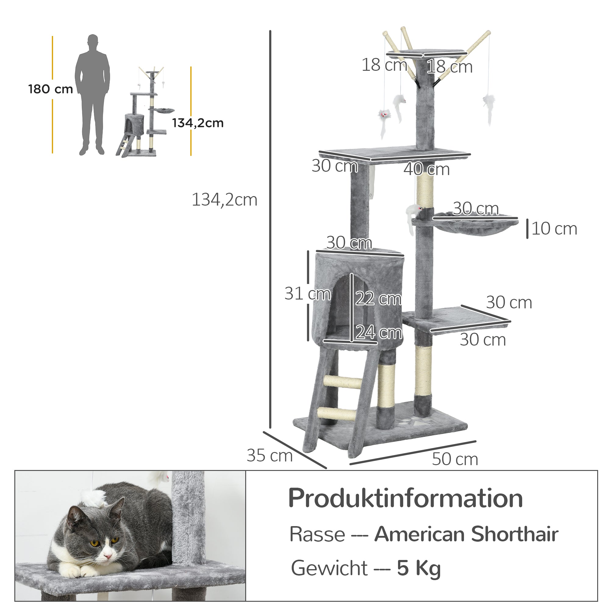 Scratching Tree 134.2 cm Cat Tower with Cave, 2 Toys Sisal Posts, Large Platform, Stairs, Multi-Level Cat Scratching Tree, Climbing Tree, for medium-sized cats, Gray+White