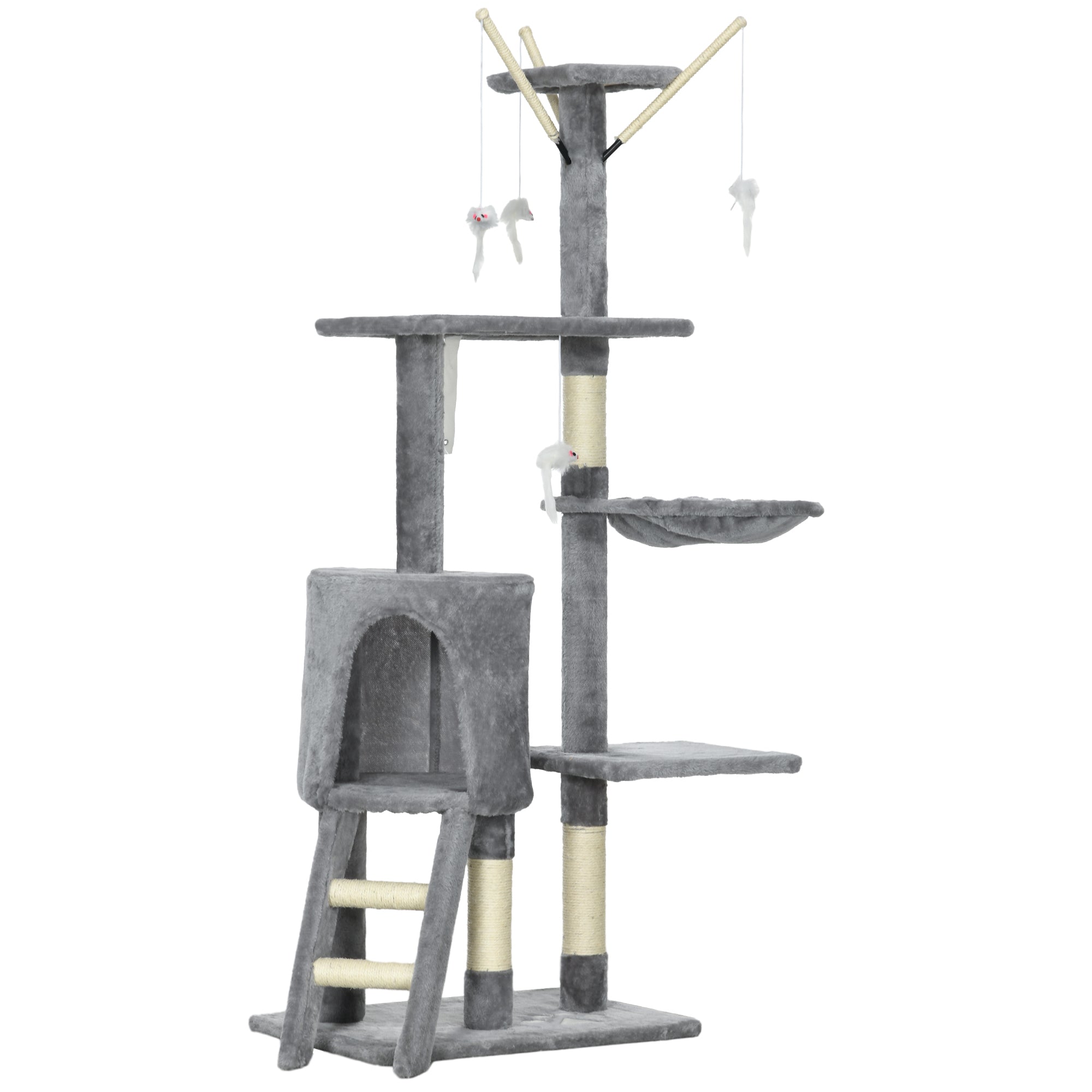 Scratching Tree 134.2 cm Cat Tower with Cave, 2 Toys Sisal Posts, Large Platform, Stairs, Multi-Level Cat Scratching Tree, Climbing Tree, for medium-sized cats, Gray+White