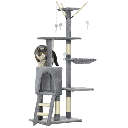 Scratching Tree 134.2 cm Cat Tower with Cave, 2 Toys Sisal Posts, Large Platform, Stairs, Multi-Level Cat Scratching Tree, Climbing Tree, for medium-sized cats, Gray+White