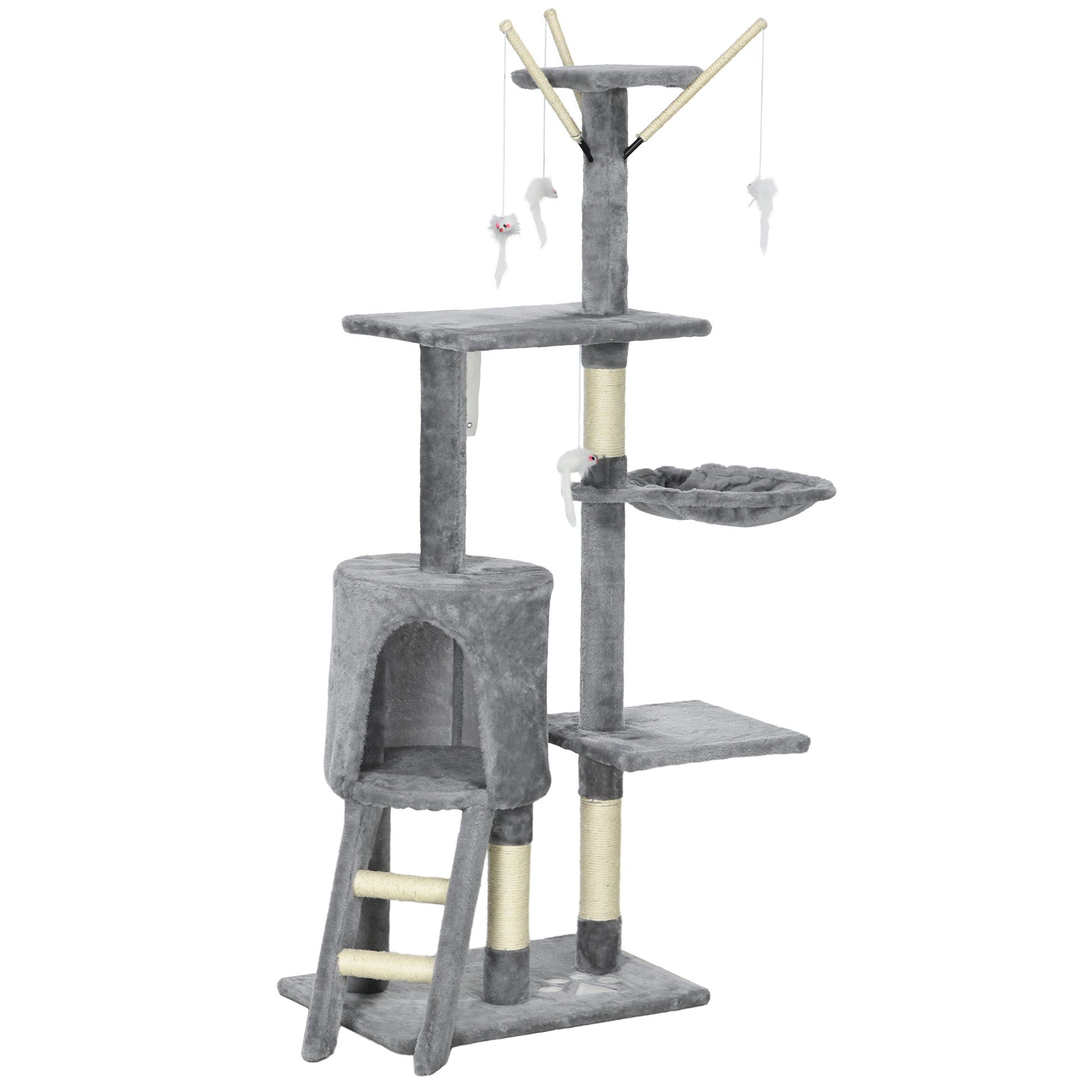 Scratching Tree 134.2 cm Cat Tower with Cave, 2 Toys Sisal Posts, Large Platform, Stairs, Multi-Level Cat Scratching Tree, Climbing Tree, for medium-sized cats, Gray+White