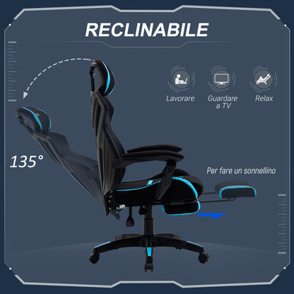 Gaming Chair with Lumbar Support, Ergonomic Office Chair with Adjustable Height in Black and Blue Fabric, 65x65x119-129cm