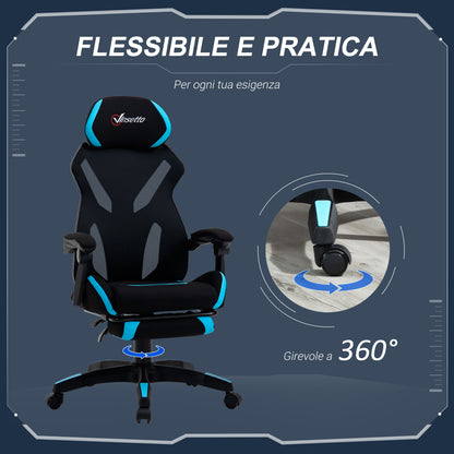 Gaming Chair with Lumbar Support, Ergonomic Office Chair with Adjustable Height in Black and Blue Fabric, 65x65x119-129cm