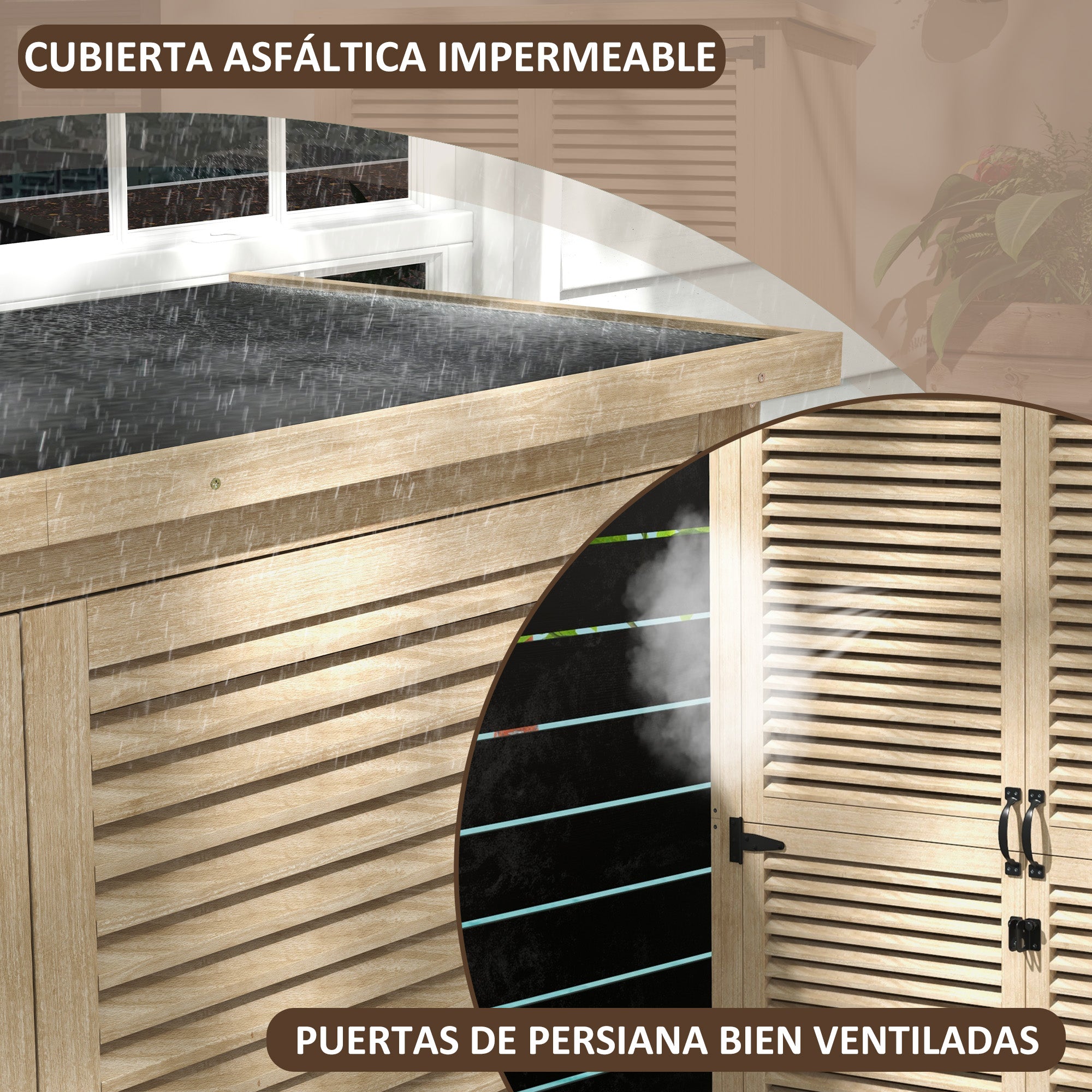 Wooden Shed 0.83 m² 127x65x168 cm Outdoor Wooden Cabinet with 2 Shutter Doors 2 Shelves 2 Handles and Waterproof Roof for Garden Natural