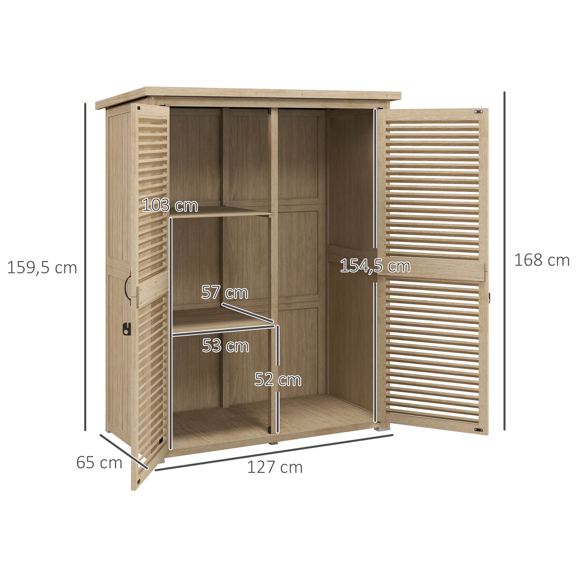 Wooden Shed 0.83 m² 127x65x168 cm Outdoor Wooden Cabinet with 2 Shutter Doors 2 Shelves 2 Handles and Waterproof Roof for Garden Natural
