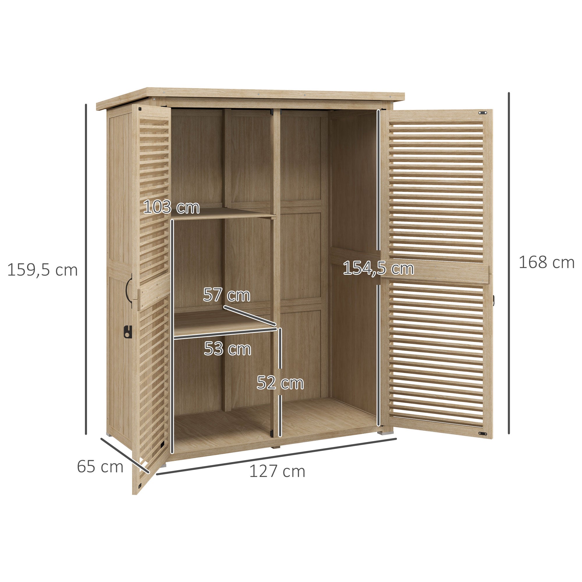 Wooden Shed 0.83 m² 127x65x168 cm Outdoor Wooden Cabinet with 2 Shutter Doors 2 Shelves 2 Handles and Waterproof Roof for Garden Natural