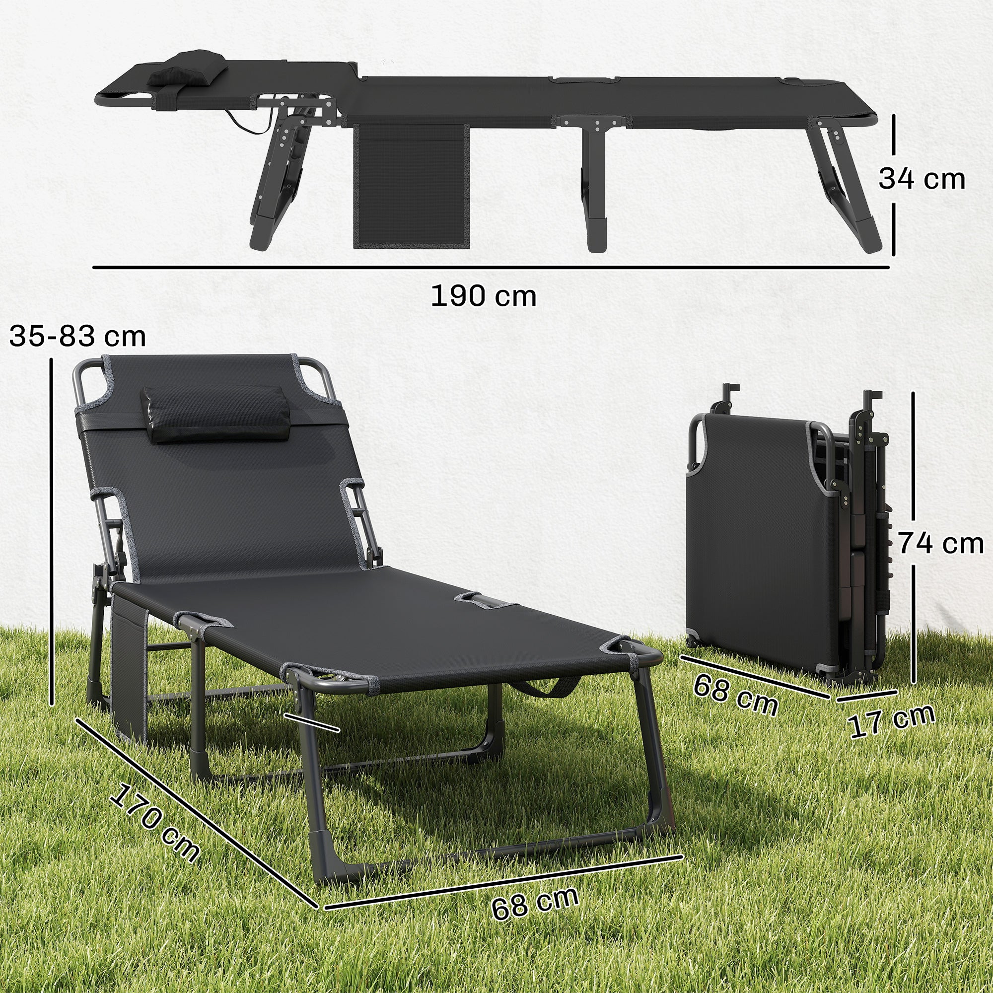 Folding Sun Lounger – 5-Position Recliner, Padded Mattress & Headrest, Extra-Wide Breathable Mesh (Dark Gray)