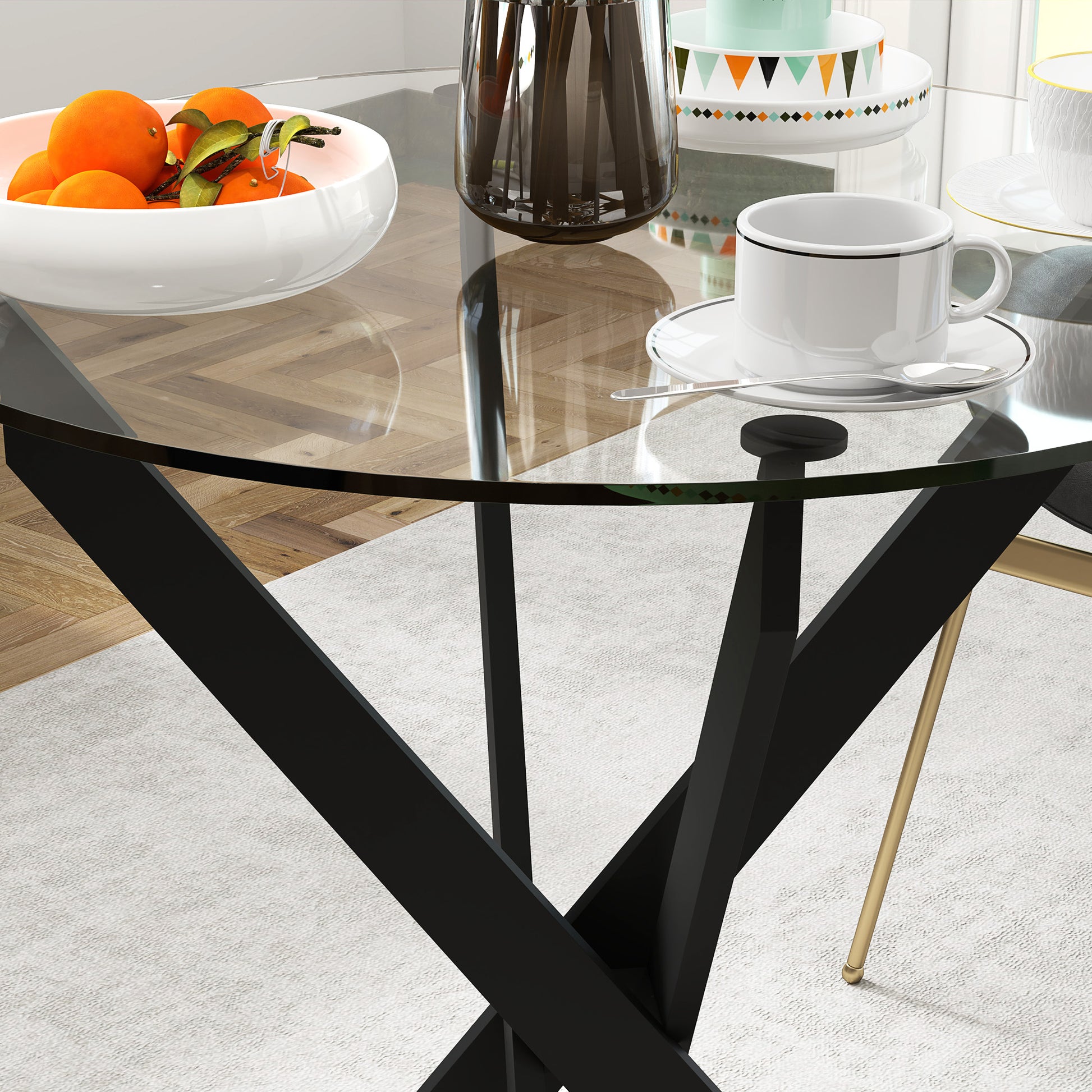 Dining Table, Round Kitchen Table for 4 People, Glass Dining Table with Steel Legs, Tempered Glass Tabletop, for Dining Room, Kitchen, Ø70 x 75 cm, Modern Design, Black+Transparent