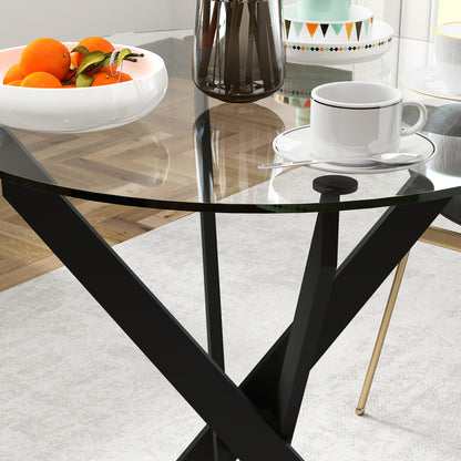 Dining Table, Round Kitchen Table for 4 People, Glass Dining Table with Steel Legs, Tempered Glass Tabletop, for Dining Room, Kitchen, Ø70 x 75 cm, Modern Design, Black+Transparent