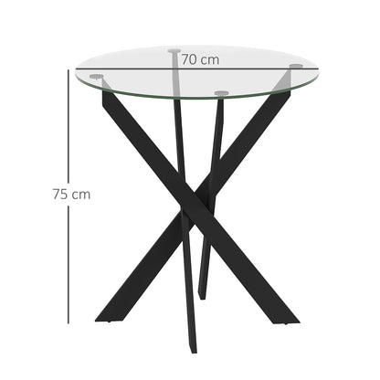 Dining Table, Round Kitchen Table for 4 People, Glass Dining Table with Steel Legs, Tempered Glass Tabletop, for Dining Room, Kitchen, Ø70 x 75 cm, Modern Design, Black+Transparent