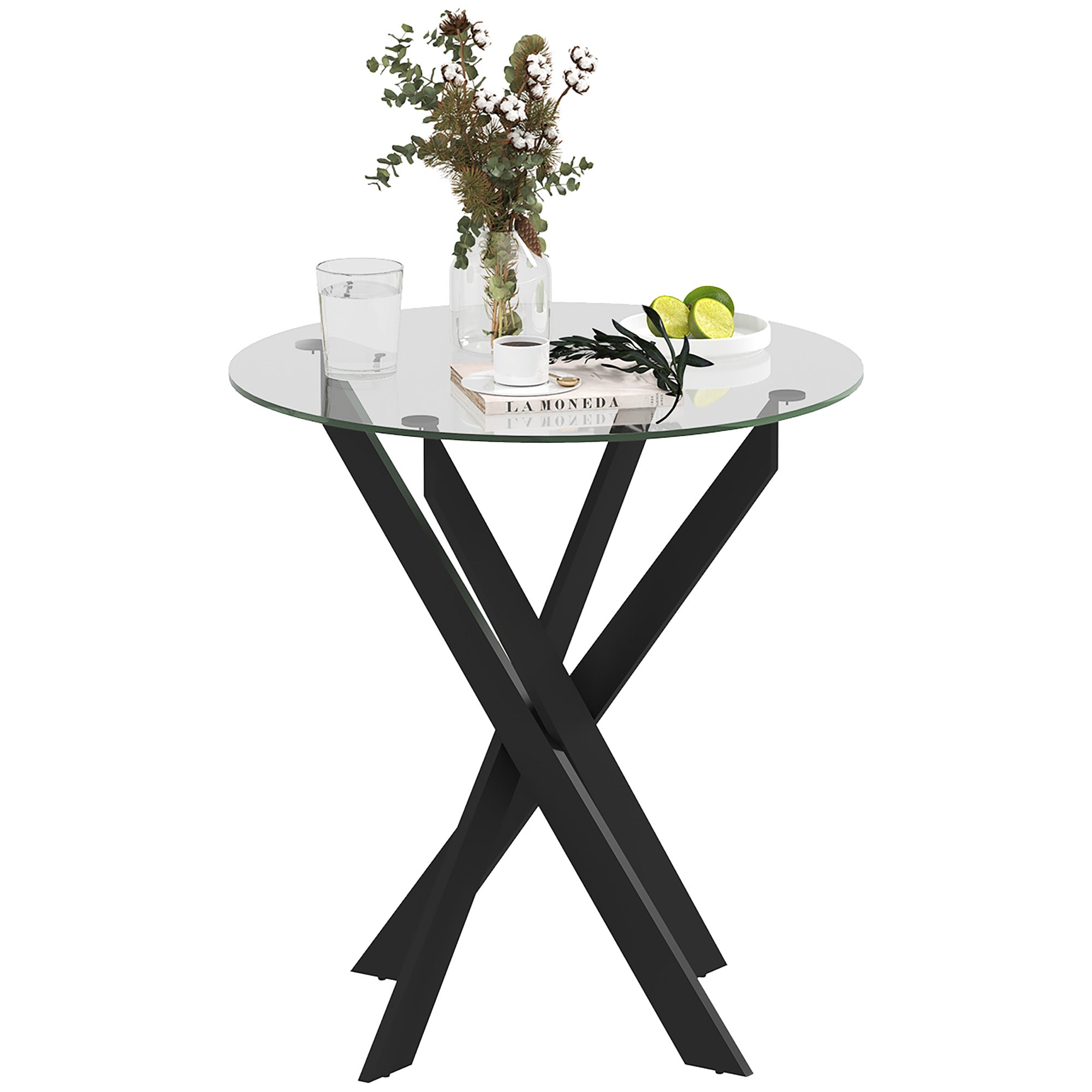 Dining Table, Round Kitchen Table for 4 People, Glass Dining Table with Steel Legs, Tempered Glass Tabletop, for Dining Room, Kitchen, Ø70 x 75 cm, Modern Design, Black+Transparent