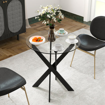 Dining Table, Round Kitchen Table for 4 People, Glass Dining Table with Steel Legs, Tempered Glass Tabletop, for Dining Room, Kitchen, Ø70 x 75 cm, Modern Design, Black+Transparent