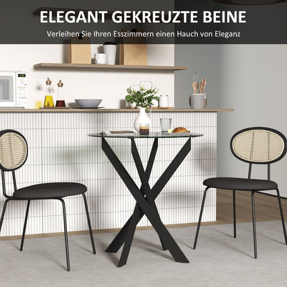 Dining Table, Round Kitchen Table for 4 People, Glass Dining Table with Steel Legs, Tempered Glass Tabletop, for Dining Room, Kitchen, Ø70 x 75 cm, Modern Design, Black+Transparent