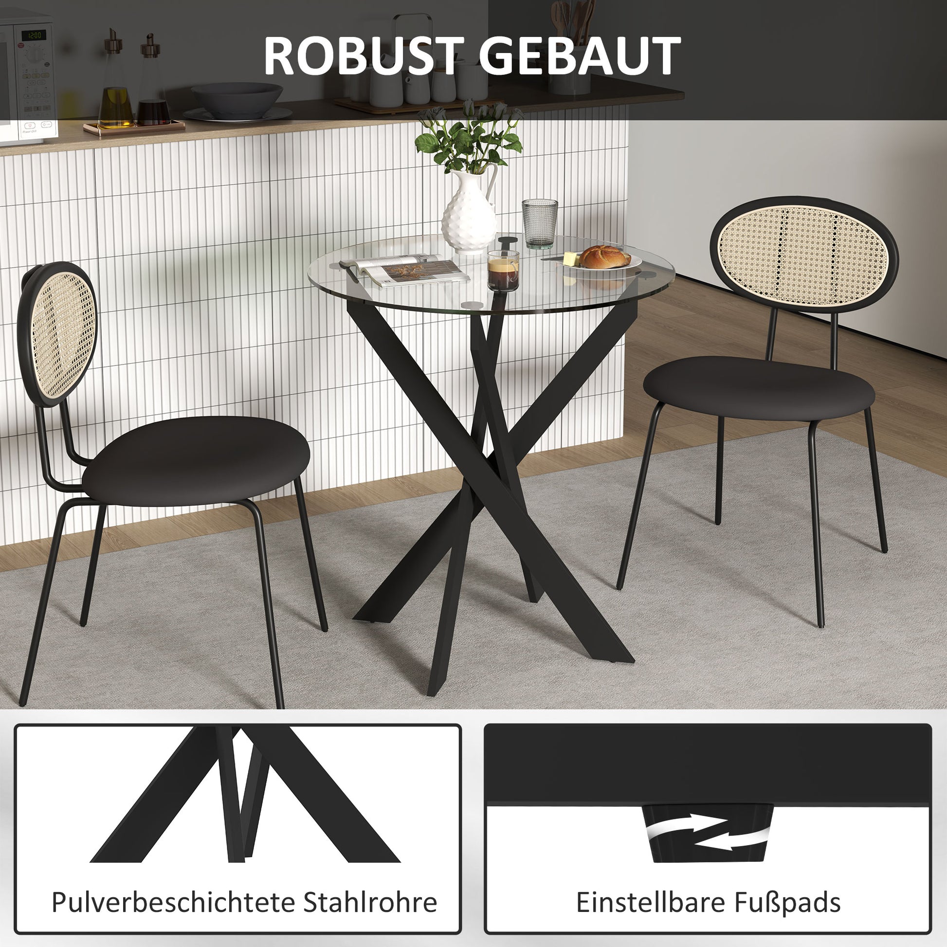 Dining Table, Round Kitchen Table for 4 People, Glass Dining Table with Steel Legs, Tempered Glass Tabletop, for Dining Room, Kitchen, Ø70 x 75 cm, Modern Design, Black+Transparent
