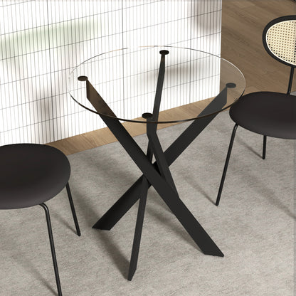 Dining Table, Round Kitchen Table for 4 People, Glass Dining Table with Steel Legs, Tempered Glass Tabletop, for Dining Room, Kitchen, Ø70 x 75 cm, Modern Design, Black+Transparent