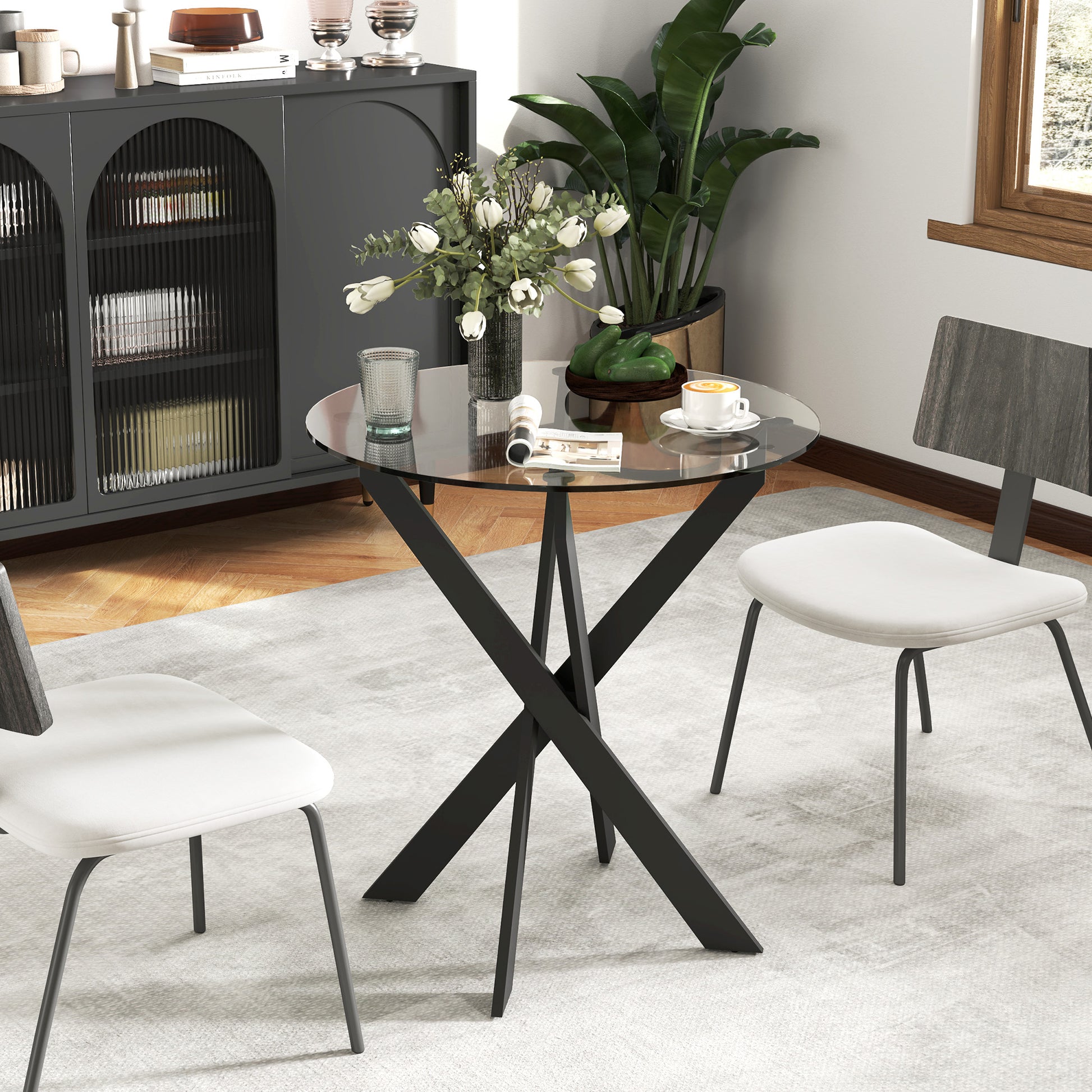 Dining Table, Round Kitchen Table for 4 People, Glass Dining Table with Steel Legs, Tempered Glass Tabletop, for Dining Room, Kitchen, Ø70 x 75 cm, Modern Design, Black+Transparent