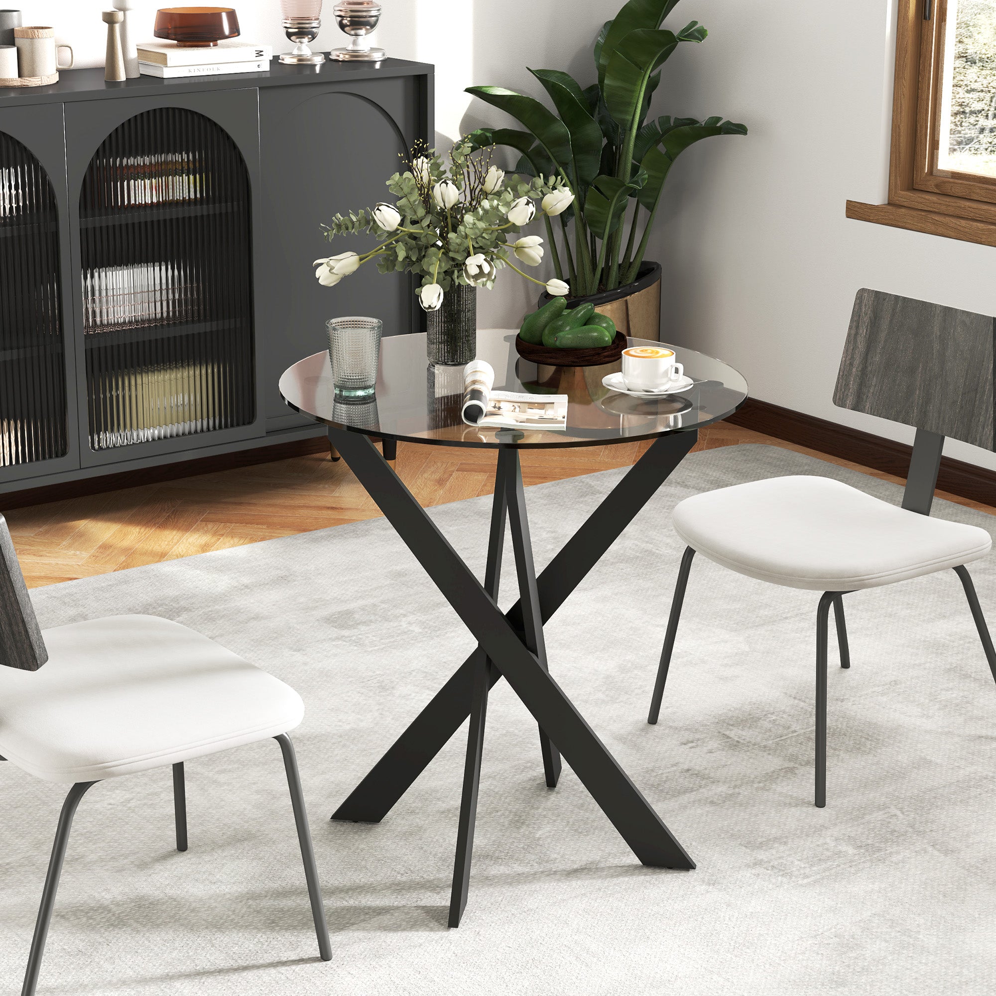 Dining Table, Round Kitchen Table for 4 People, Glass Dining Table with Steel Legs, Tempered Glass Tabletop, for Dining Room, Kitchen, Ø70 x 75 cm, Modern Design, Black+Transparent